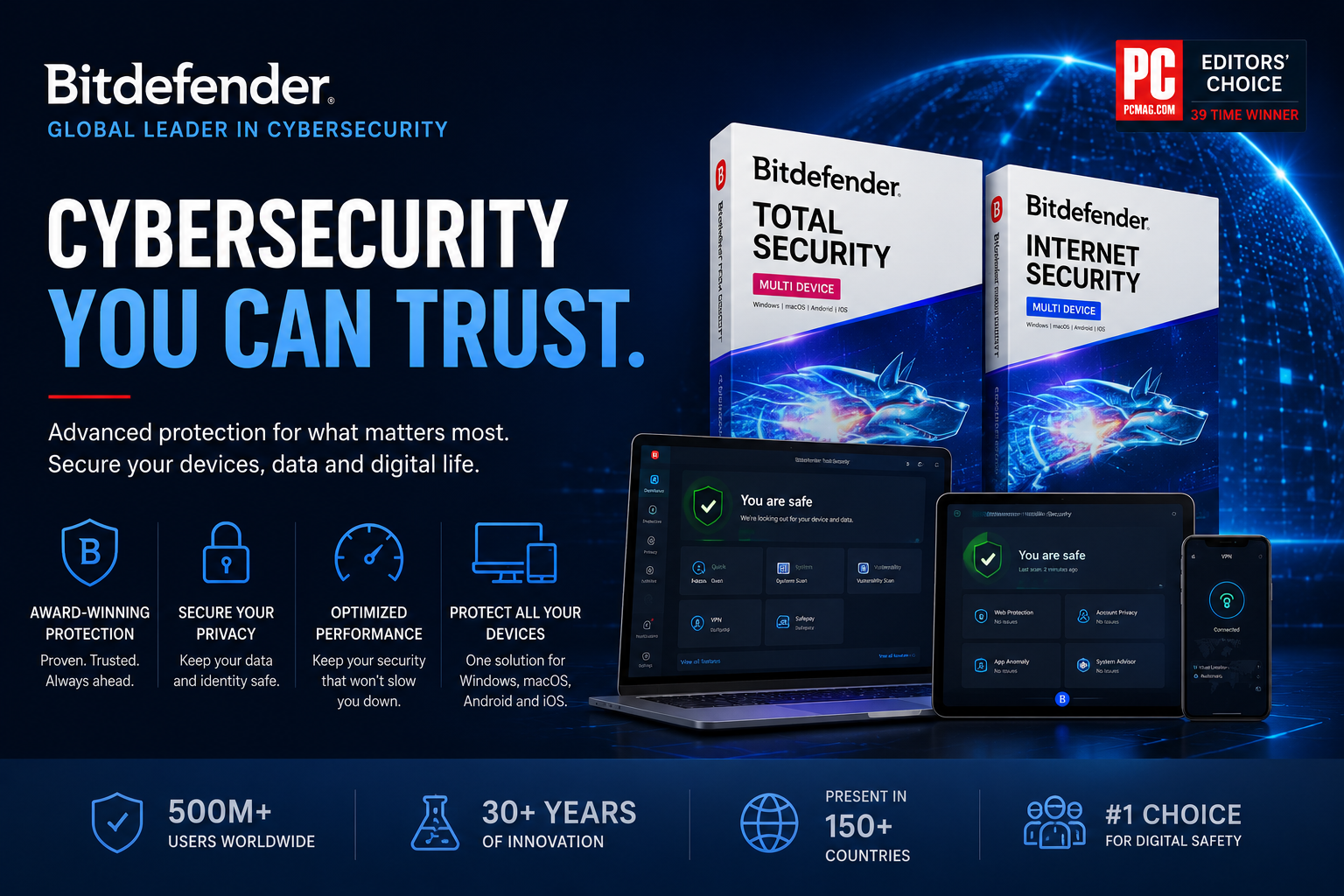 Bitdefender cybersecurity software dashboard featuring antivirus protection, internet security, VPN services, and identity protection tools.