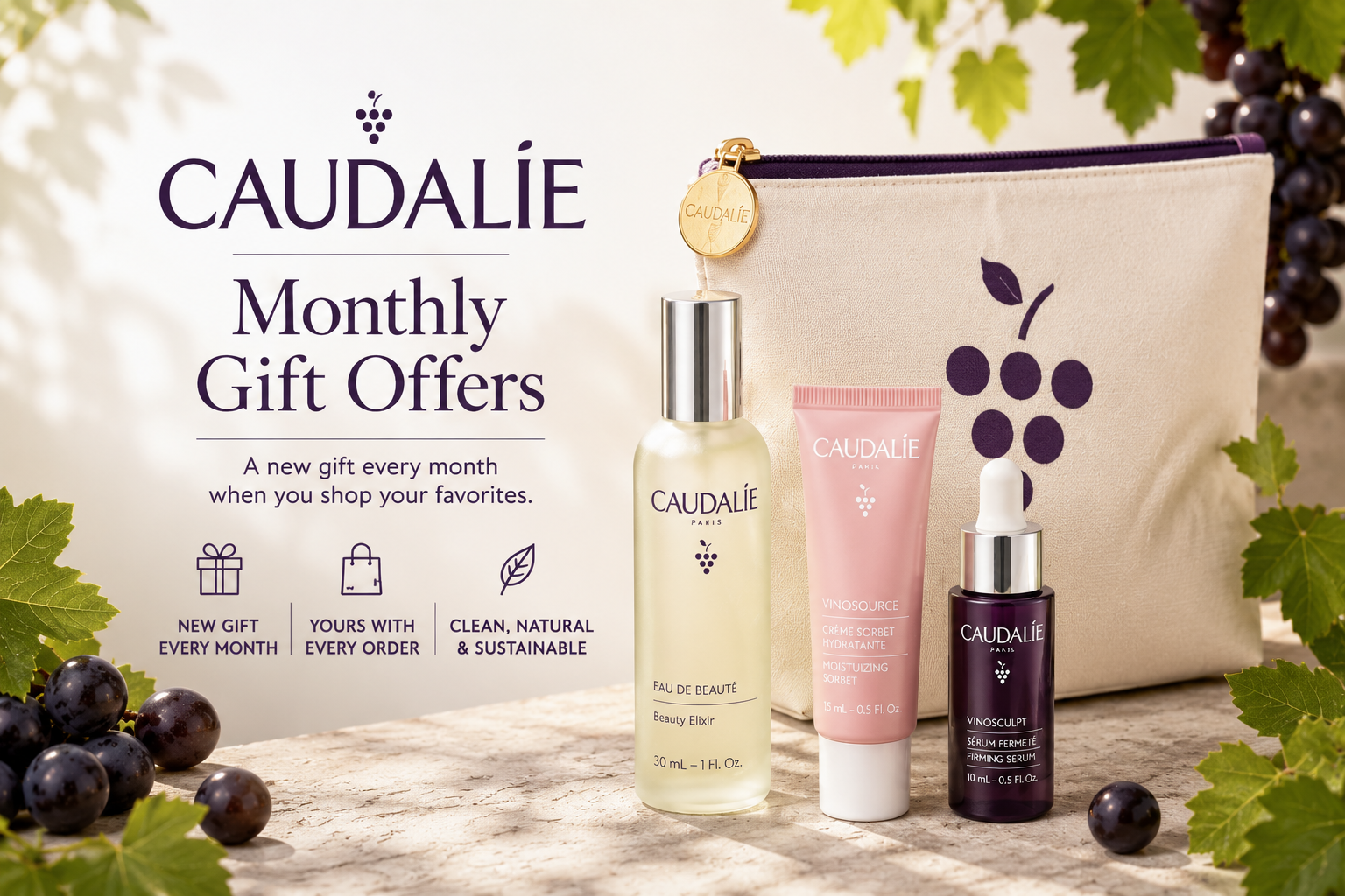 Caudalie US luxury skincare collection featuring anti-aging serums, moisturizers, cleansers, face mists, gift sets, and grape-powered natural beauty products.