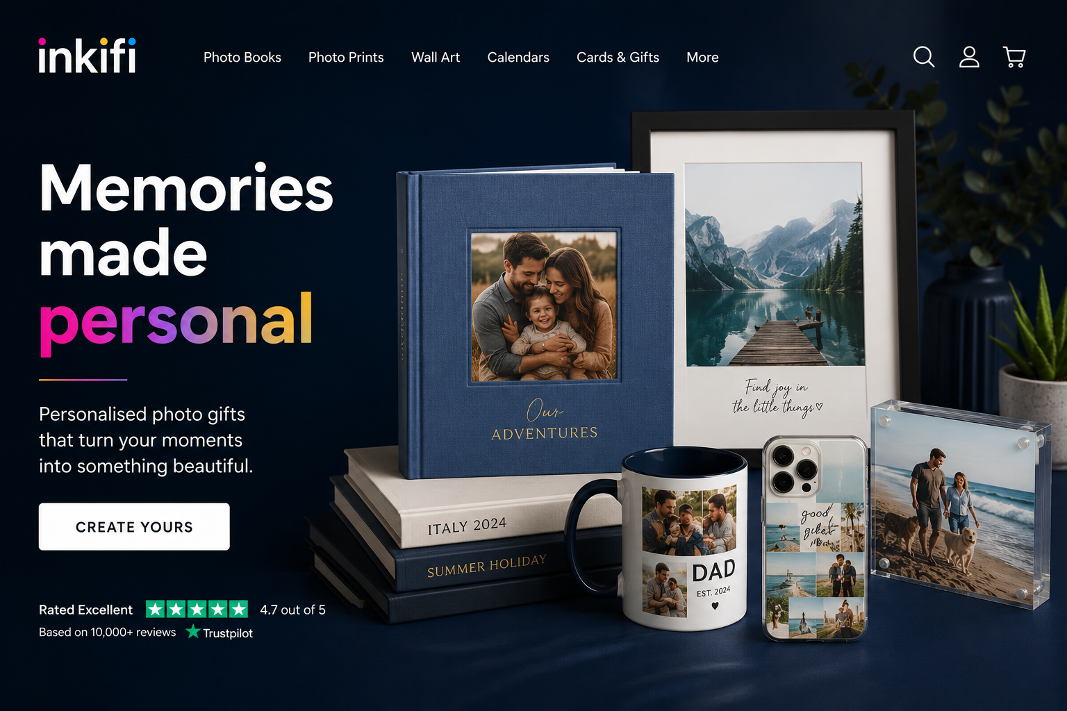 Inkifi display featuring premium photo books, framed prints, and personalized photo gifts created from cherished memories.