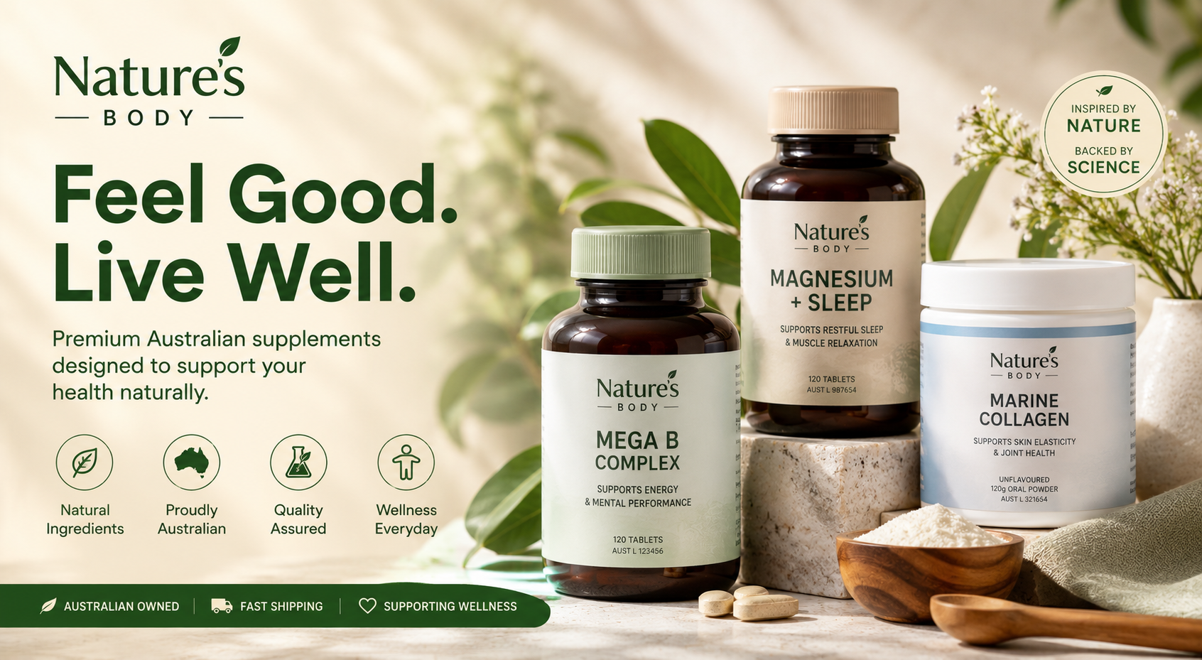 Nature's Body AU Australian-made wellness supplements featuring NMN, Resveratrol, Berberine, vitamins, and other third-party tested health products for everyday wellbeing
