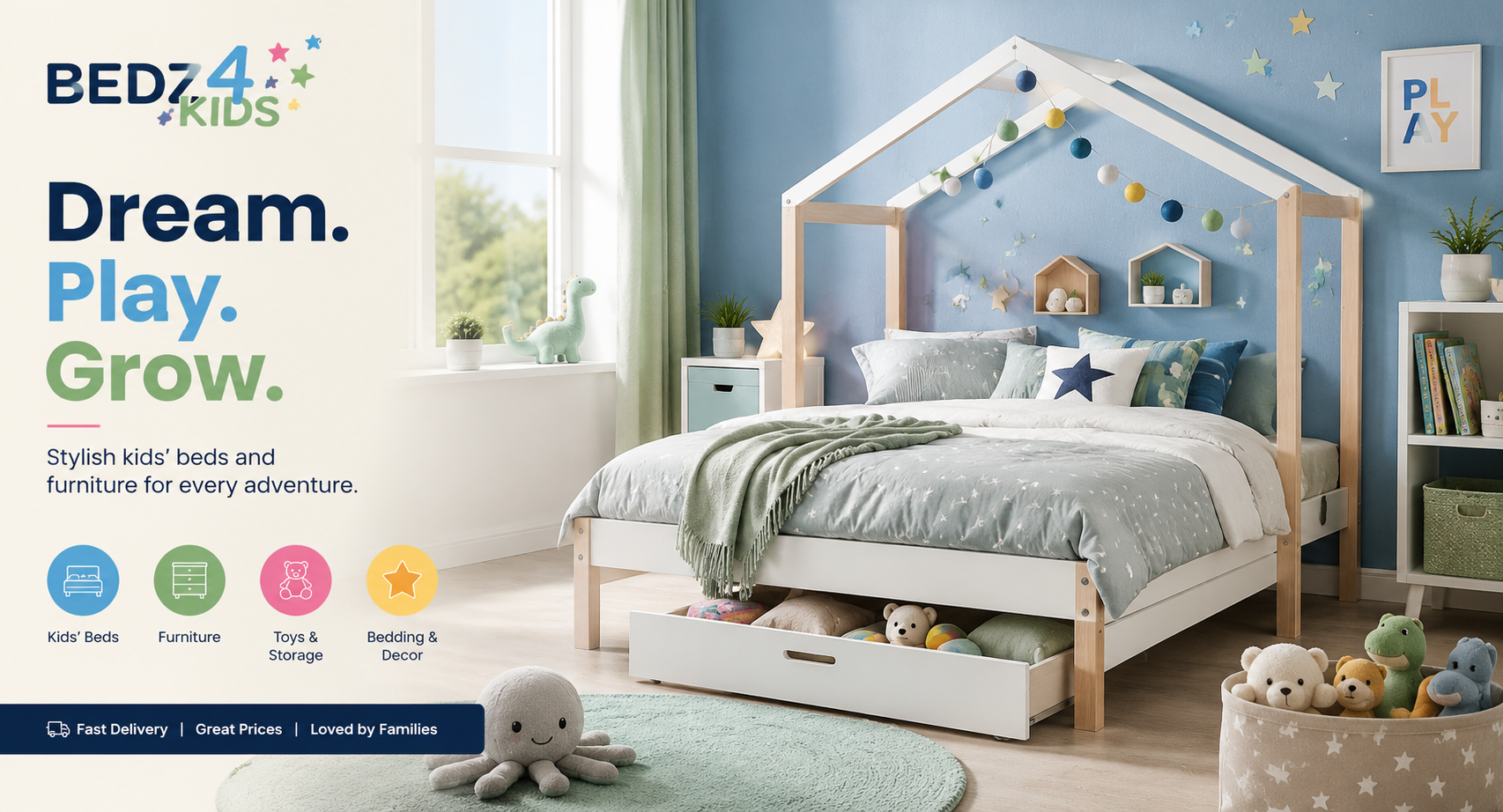 Bedz4Kids children's bedroom furniture collection featuring stylish kids beds, bunk beds, midsleeper beds, high sleepers, storage beds, and space-saving bedroom solutions.
