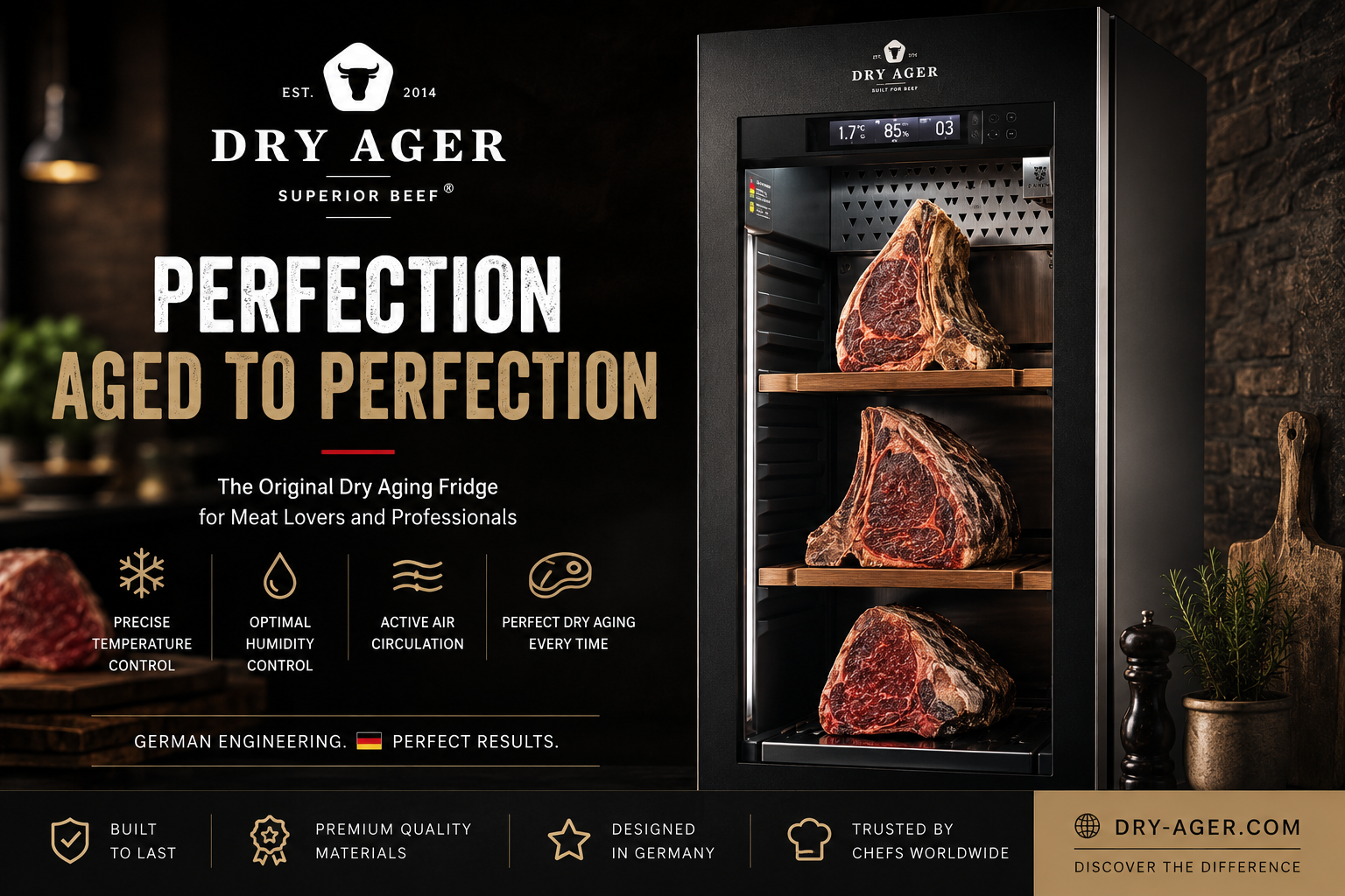DRY AGER premium dry aging cabinet with advanced climate control for aging beef, pork, fish, cheese, and gourmet foods at home or in professional kitchens.