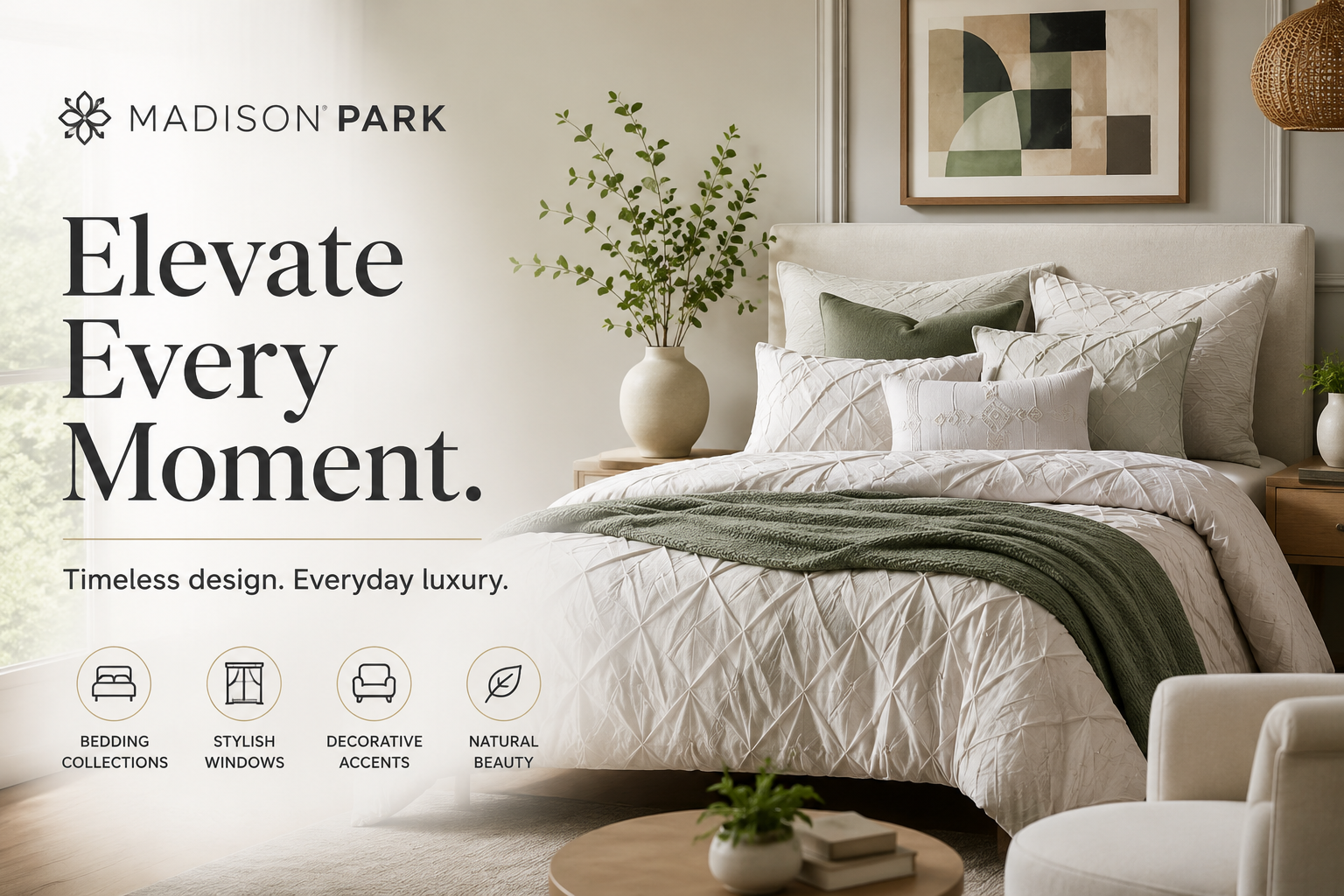 Madison Park collection featuring luxury bedding, comforter sets, furniture, curtains, bath essentials, decorative pillows, rugs, lighting, and elegant home décor.