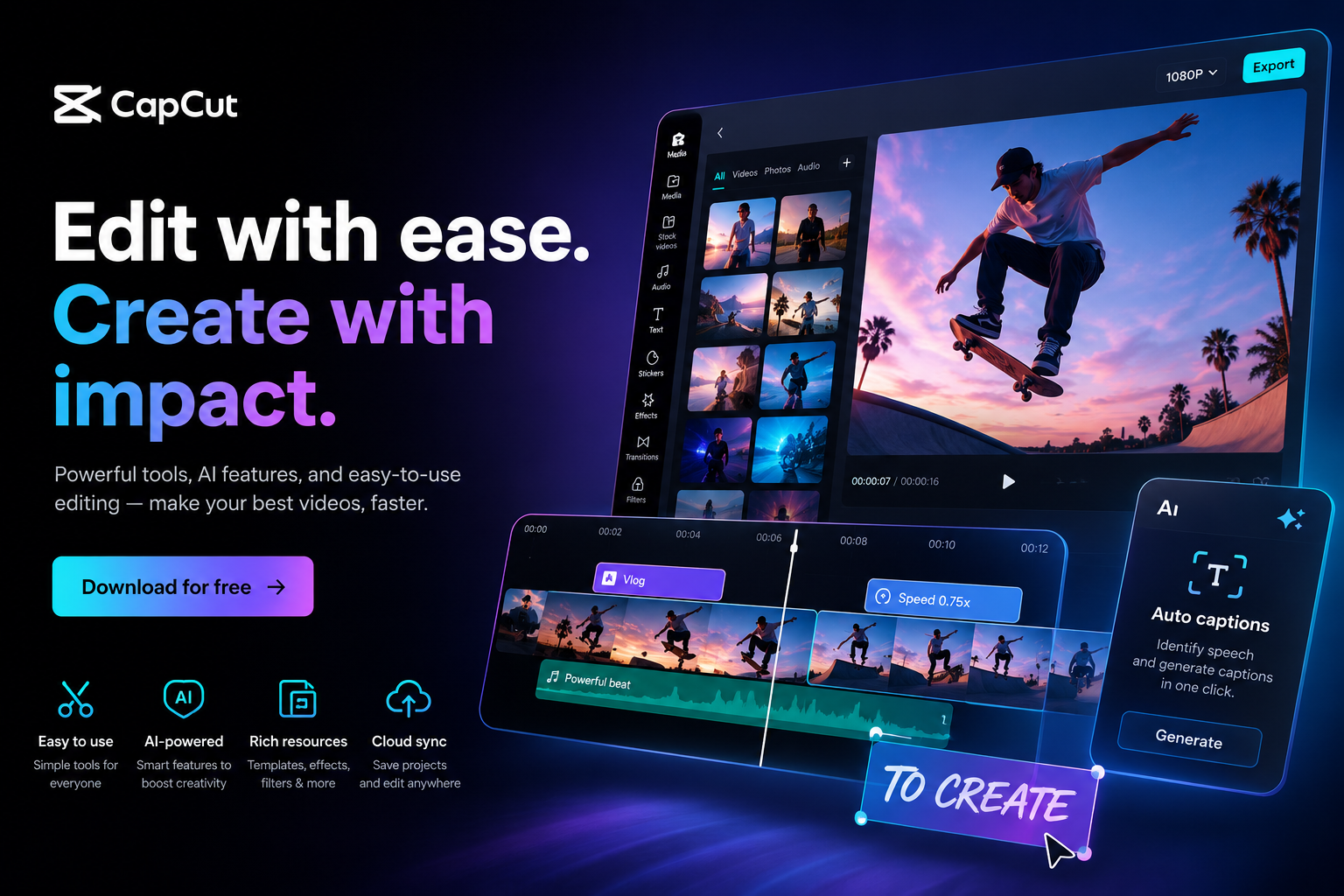 CapCut creative platform featuring AI-powered video editing, photo editing, graphic design tools, templates, and professional content creation features.
