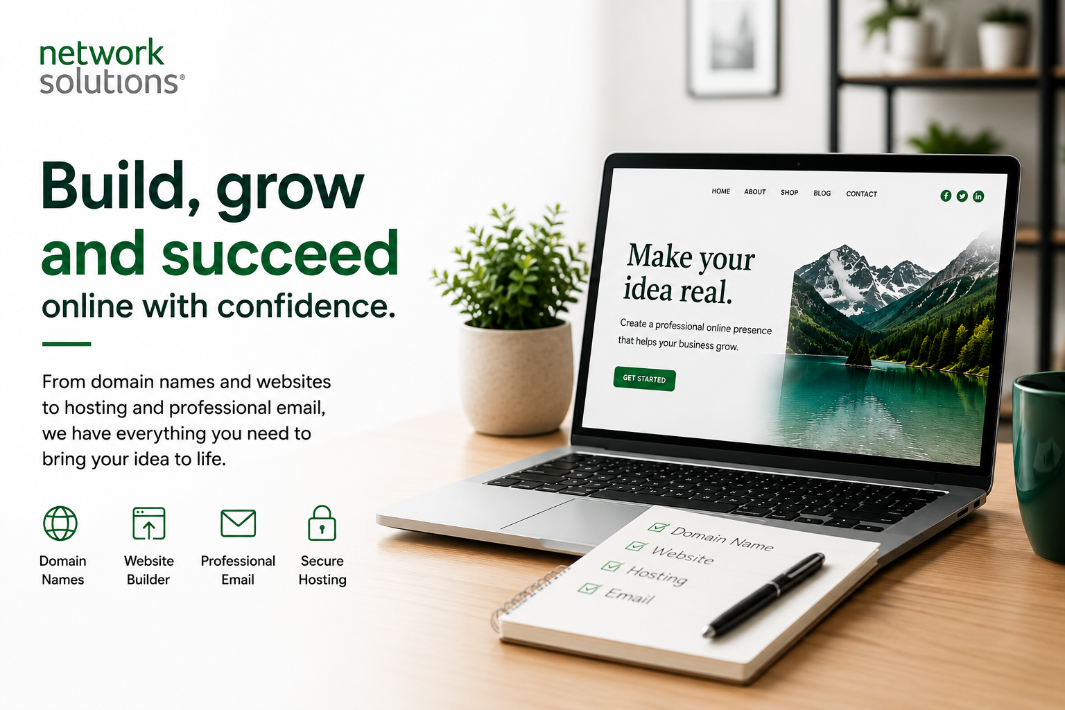 Network Solutions website featuring domain registration, web hosting, website builder, business email, and online business services.