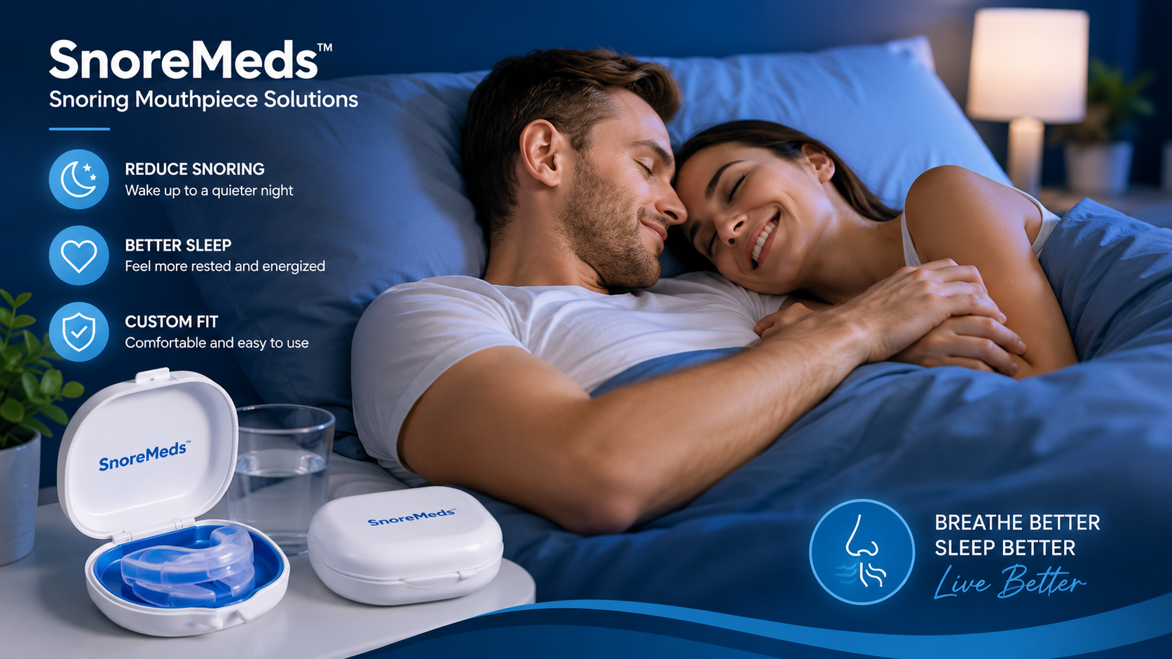 SnoreMeds custom-fit anti-snoring mouthpiece made from BPA-free medical-grade material to help reduce snoring and improve sleep quality for men and women.