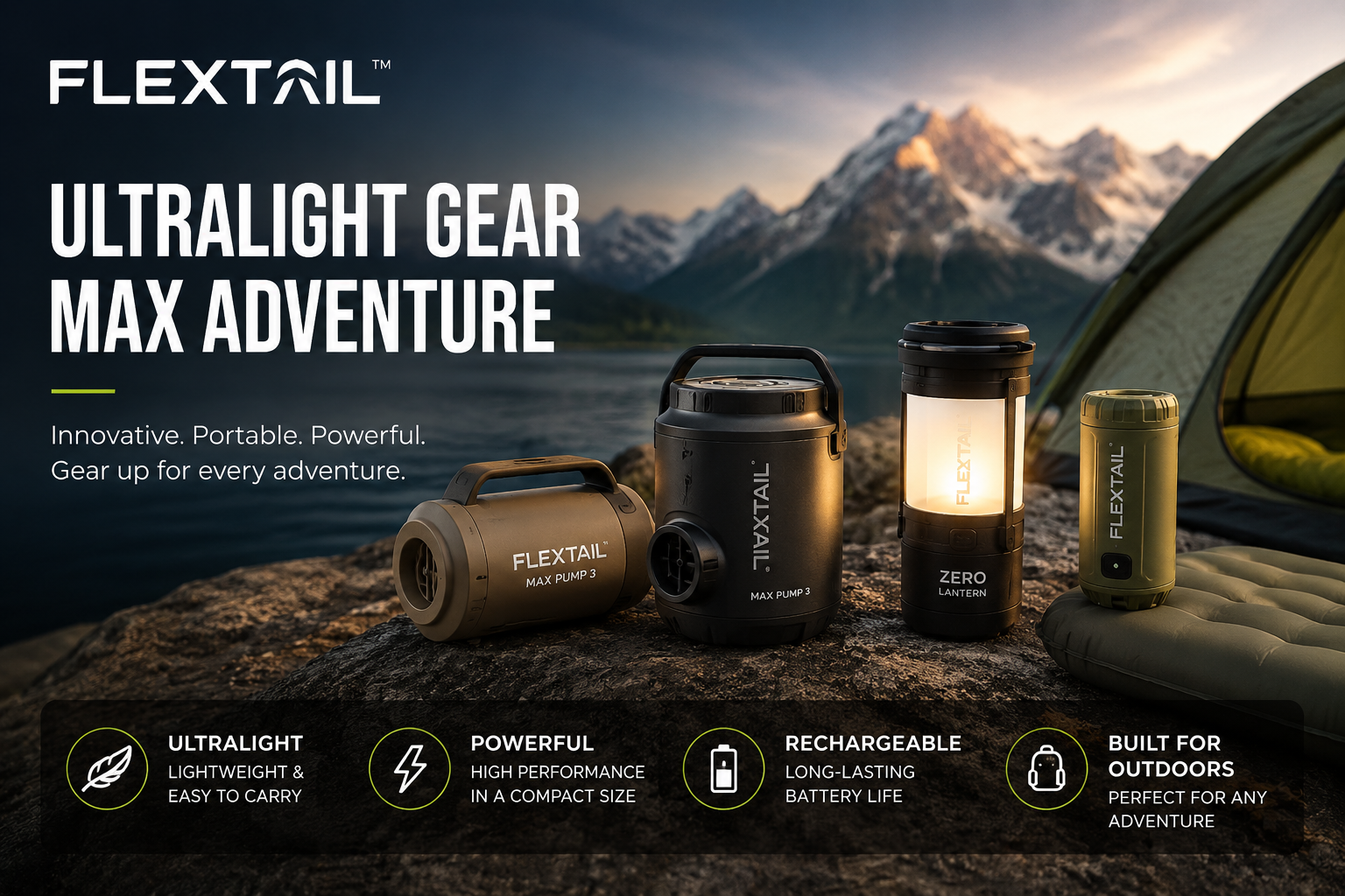 “FLEXTAIL outdoor gear brand offering portable air pumps, camping lanterns, and ultralight travel equipment for outdoor adventures