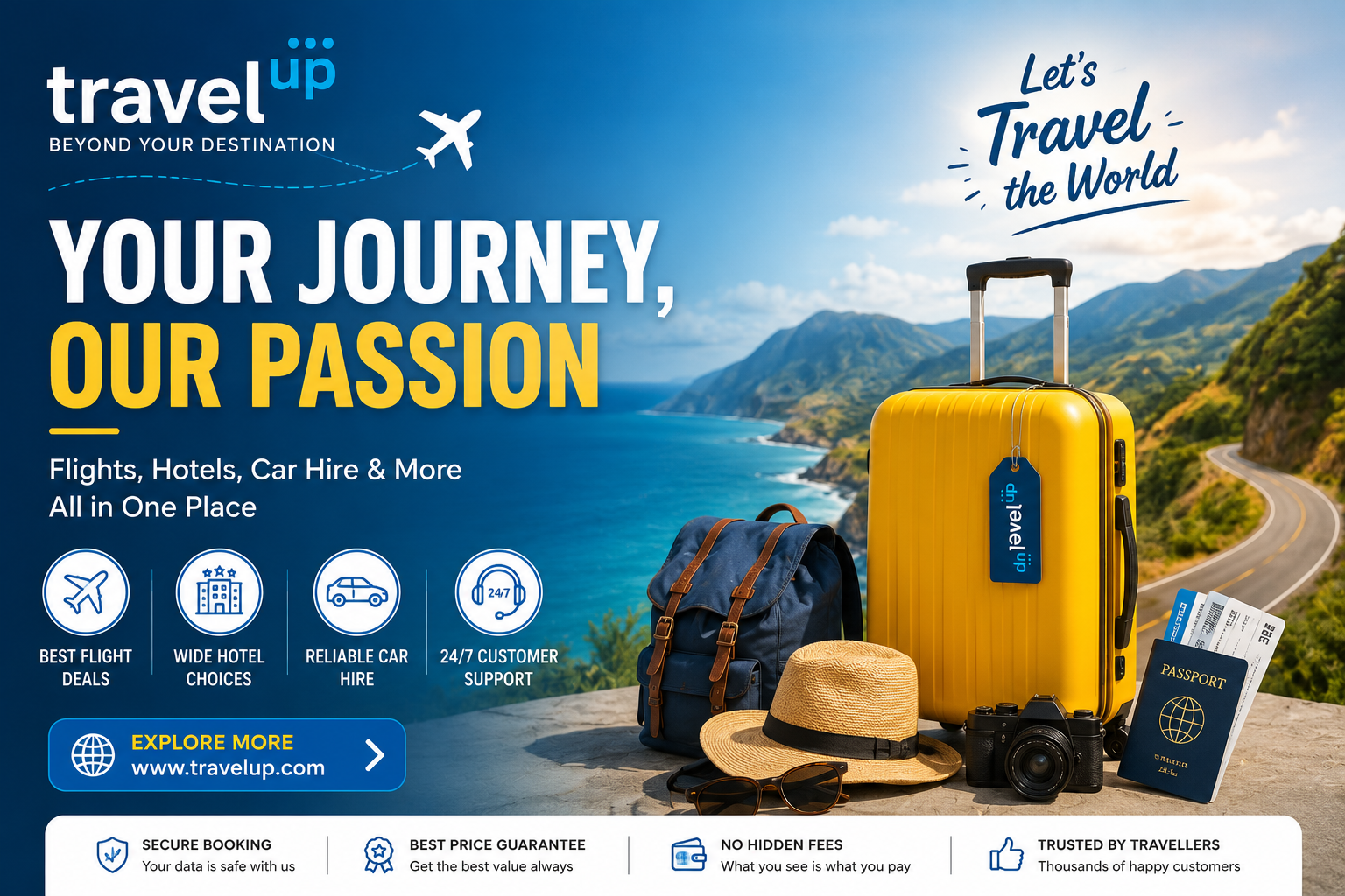 TravelUp online travel booking platform featuring flights, hotels, holiday packages, car hire, airport transfers, and travel deals for destinations around the world.
