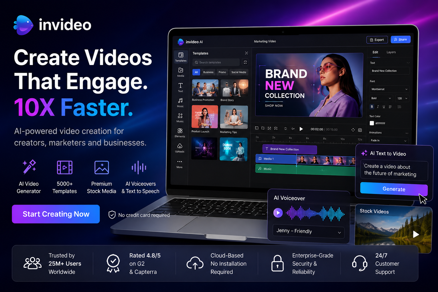 InVideo AI video editor for creating professional marketing, social media, YouTube, and business videos with customizable templates and AI-powered editing tools.
