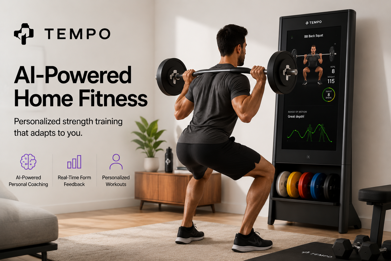 Man using the Tempo AI-powered home gym system for personalized strength training and smart fitness coaching.