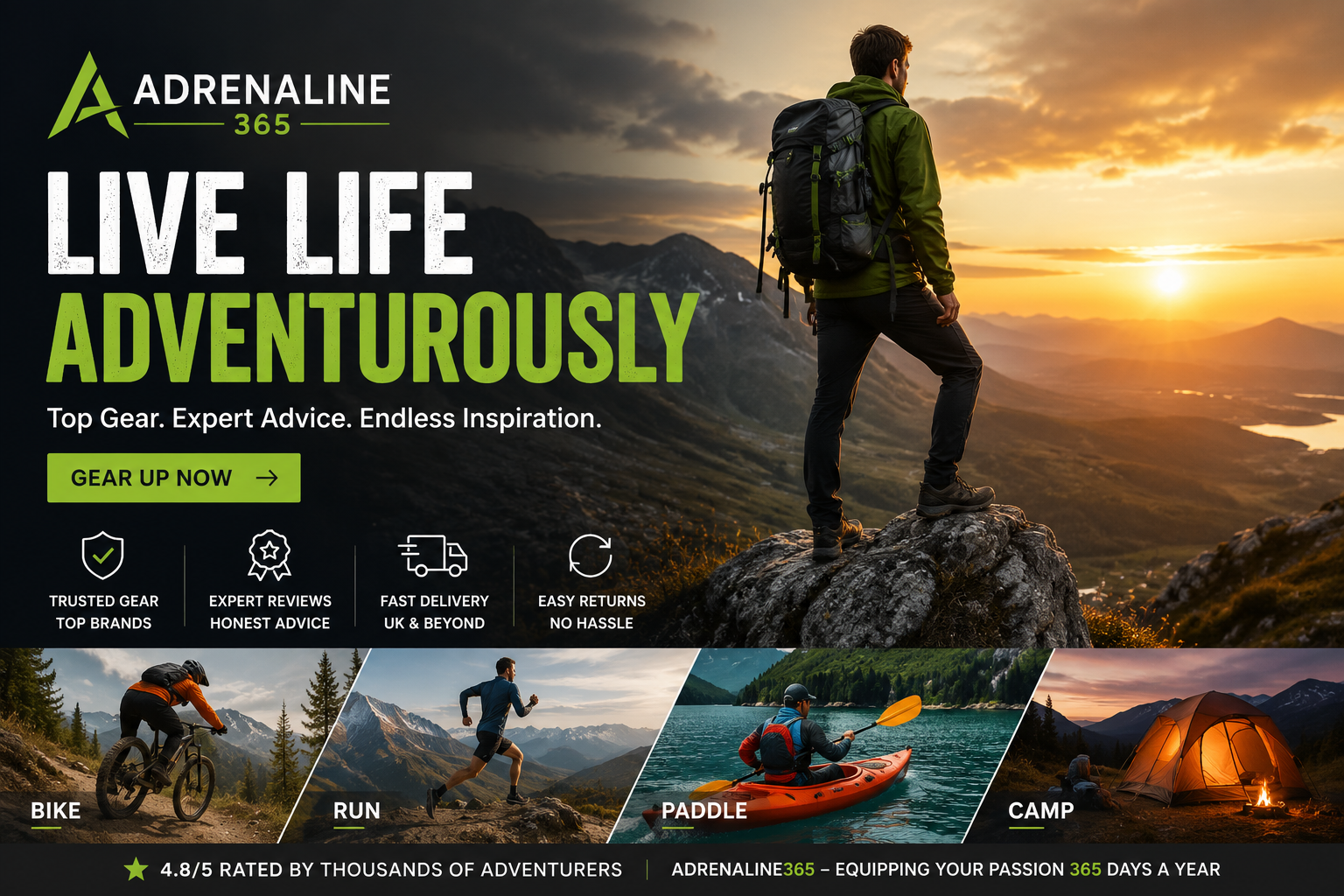 Adrenaline experience marketplace showcasing adventure activities, gift experiences, and memorable getaways, including skydiving, driving, helicopter tours, and relaxing spa packages.
