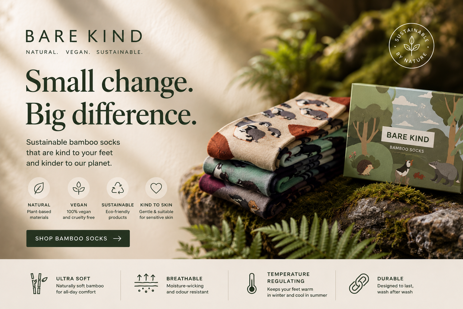 Bare Kind bamboo socks featuring colorful animal designs, sustainable bamboo fabric, eco-friendly gift boxes, and ethical fashion accessories that support wildlife conservation.