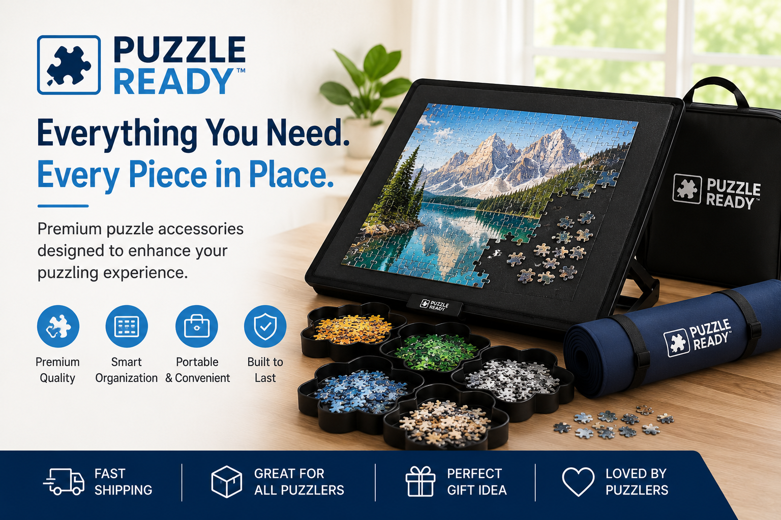 Puzzle Ready premium jigsaw puzzle accessories featuring a portable puzzle board, sorting trays, storage case, and organizer for a convenient puzzling experience.