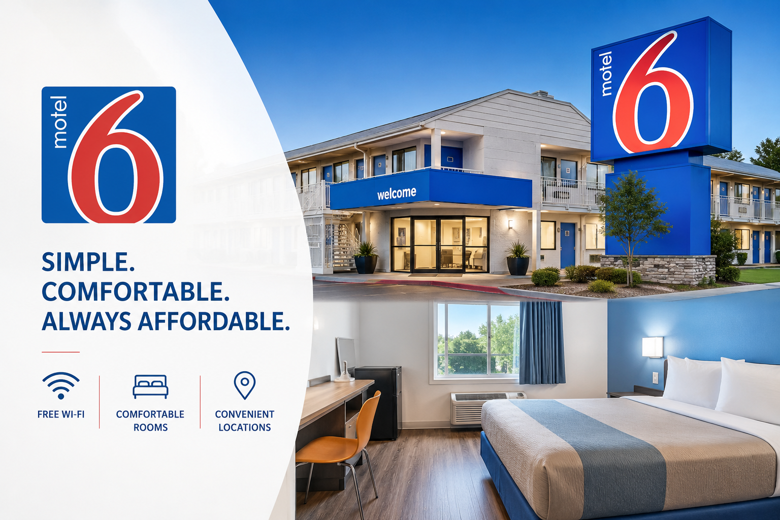 Motel 6 budget hotel featuring clean and affordable guest rooms, pet-friendly accommodations, convenient roadside locations, and comfortable stays across the United States and Canada.