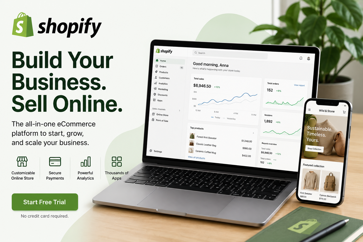 Shopify eCommerce platform displayed on a laptop for building and managing an online store.