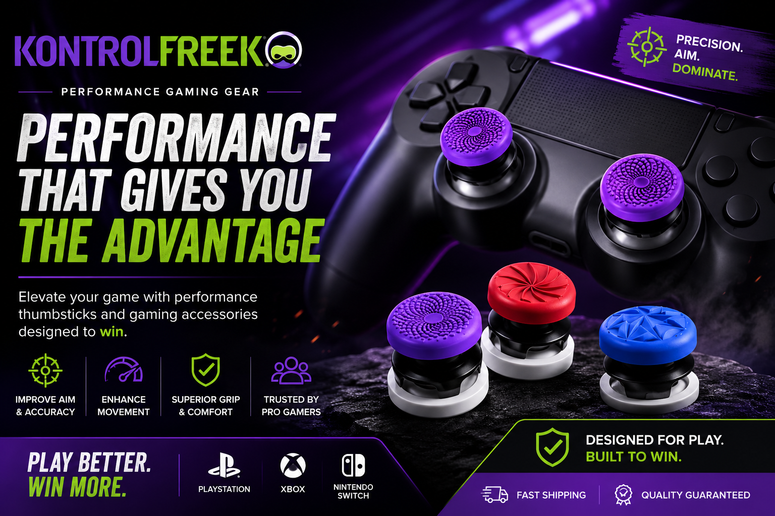 KontrolFreek premium gaming controller accessories featuring performance thumbsticks, controller grips, thumb grips, and precision rings for PlayStation, Xbox, and Nintendo Switch.