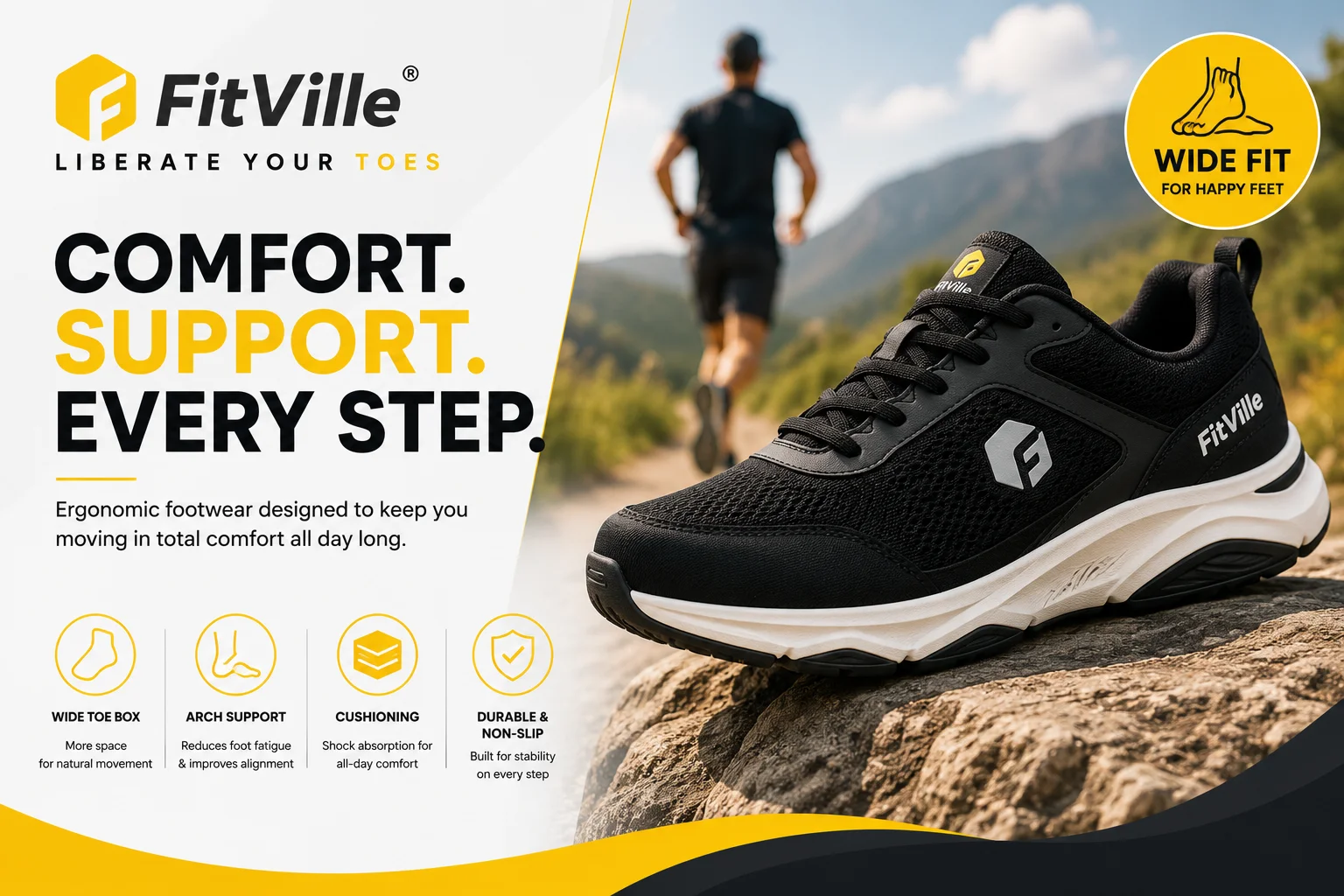 FitVille UK footwear collection featuring wide fit shoes, orthopedic-inspired sneakers, walking shoes, supportive running footwear, and comfortable activewear for everyday wear.