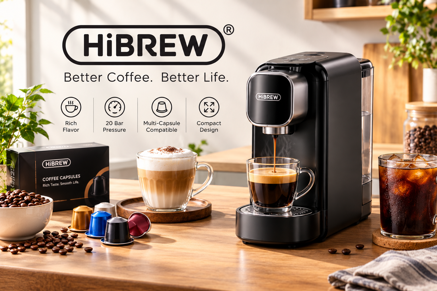 HiBREW coffee equipment collection featuring espresso machines, portable coffee makers, capsule coffee machines, coffee grinders, milk frothers, and barista accessories.