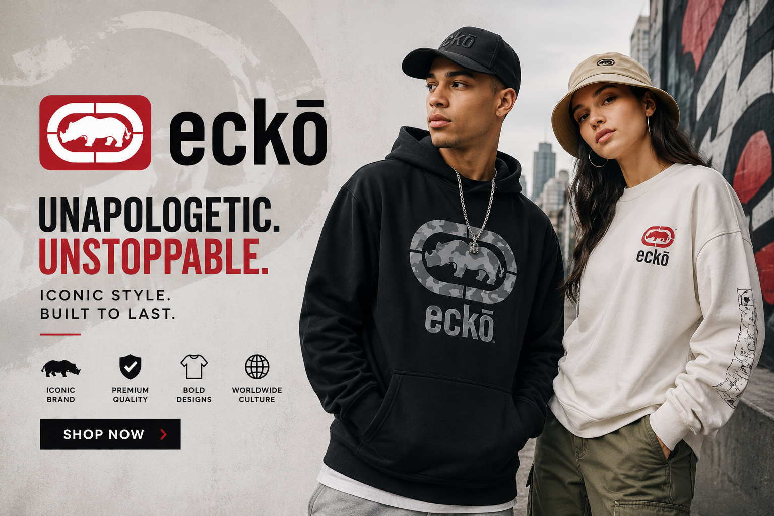 ECKŌ UNLTD streetwear collection featuring graphic T-shirts, hoodies, joggers, jackets, denim, and urban fashion apparel with the iconic Rhino logo.