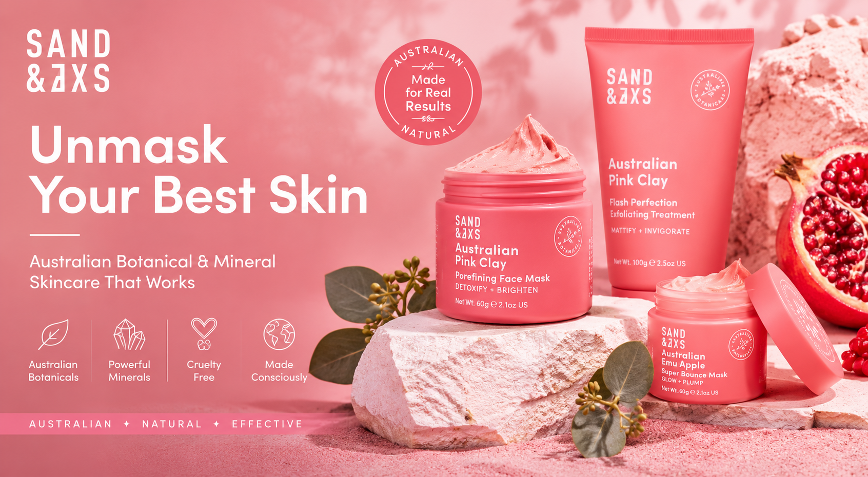 Sand & Sky Australian skincare collection featuring face masks, cleansers, serums, moisturizers, and botanical beauty products for glowing, healthy skin