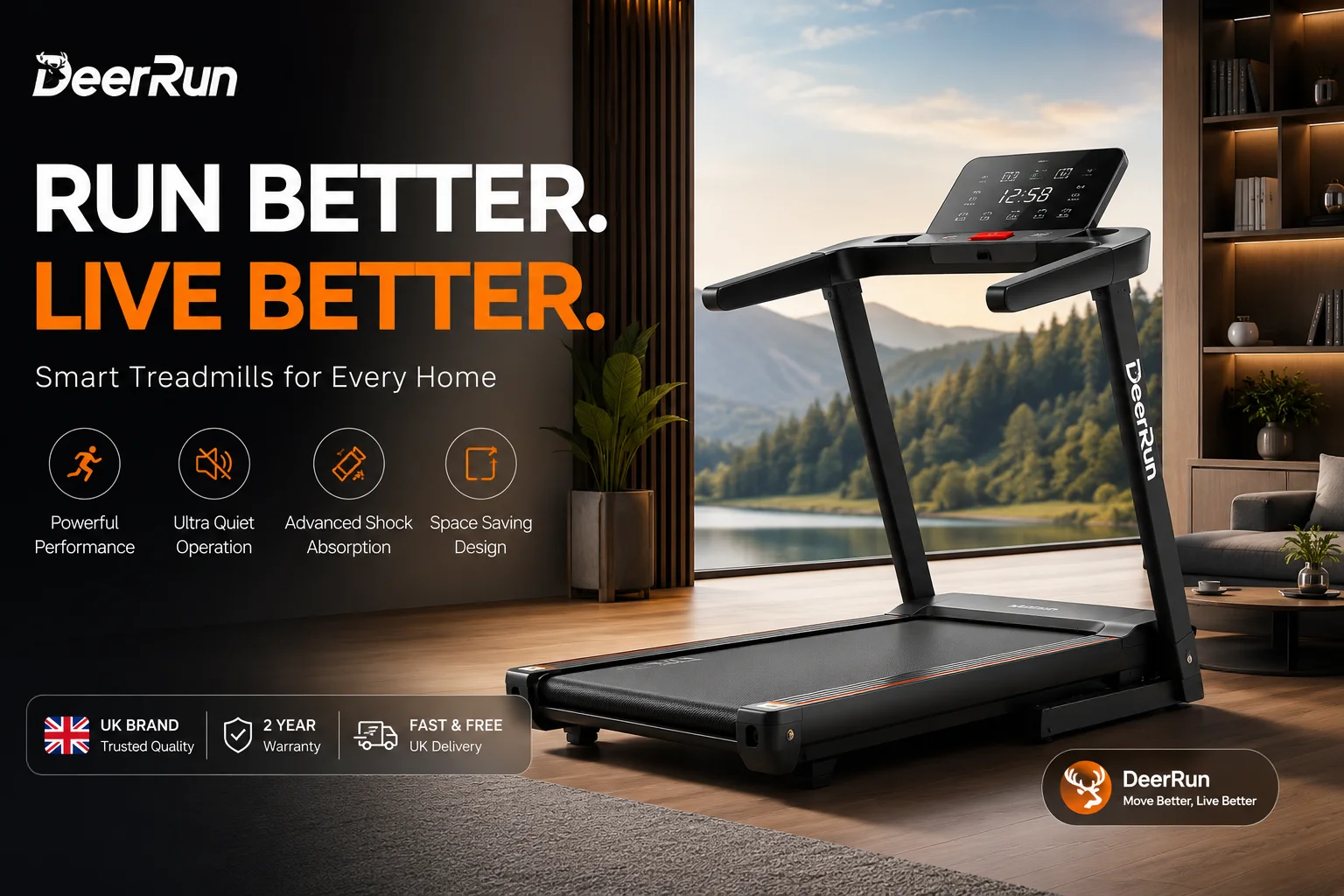 DeerRun UK home fitness equipment featuring foldable treadmills, walking pads, smart cardio machines, and compact exercise equipment for home workouts.