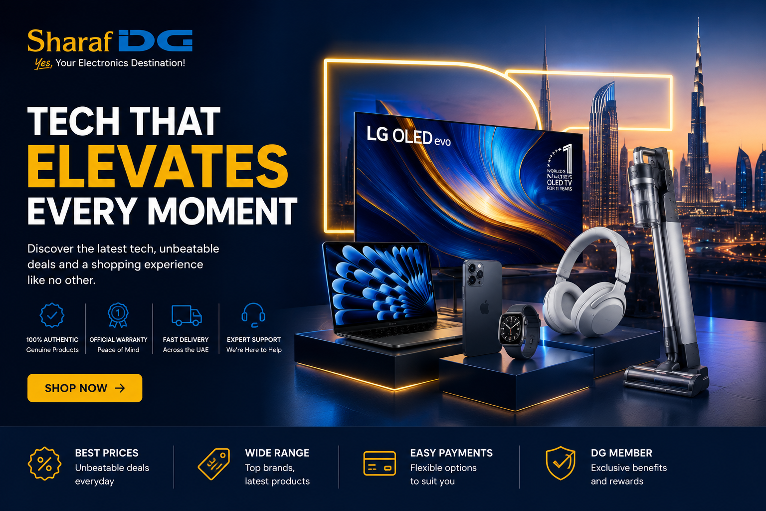 Sharaf DG online electronics store featuring smartphones, laptops, home appliances, gaming devices, and tech accessories from leading global brands across the MENA region.