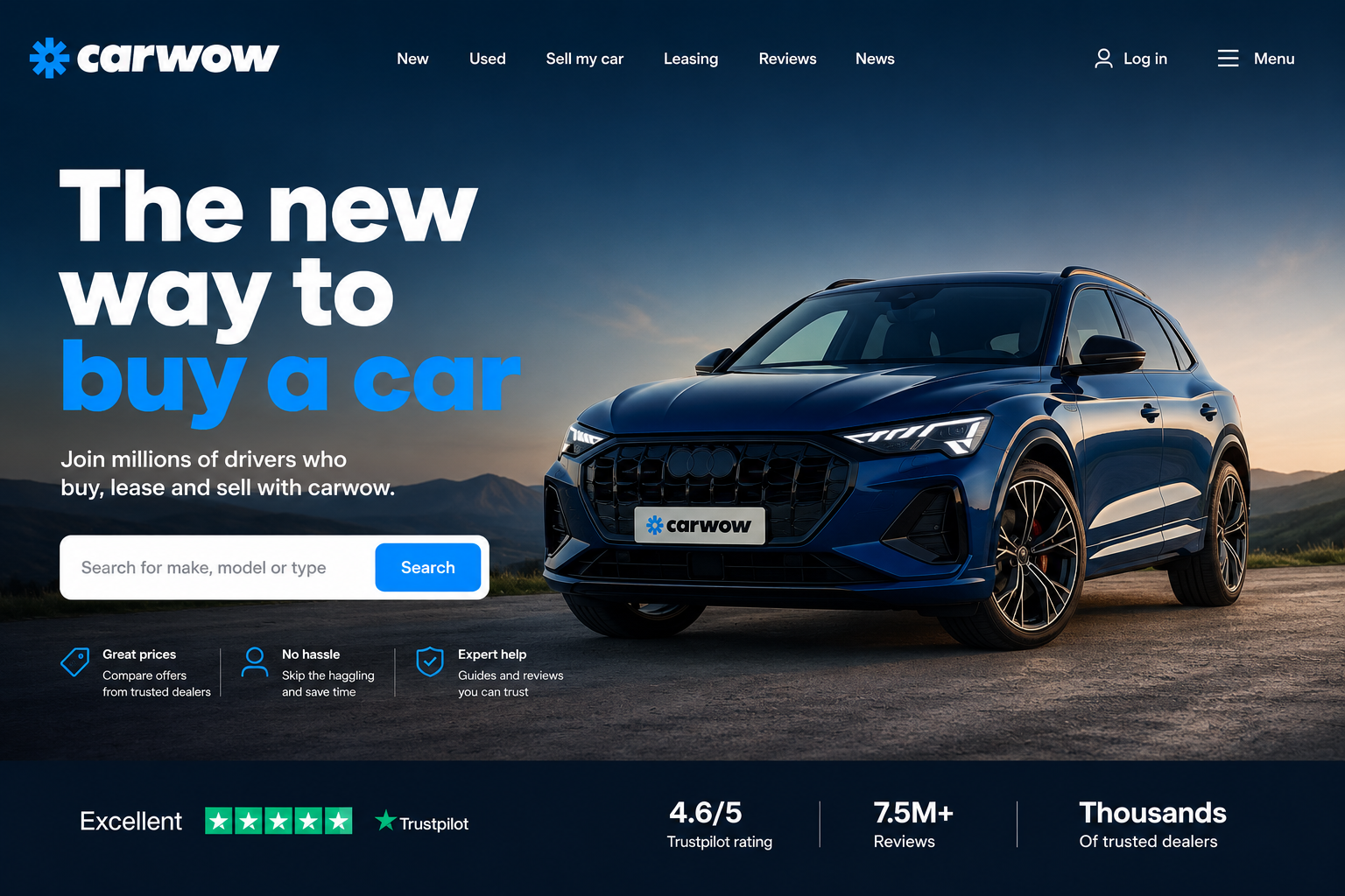 Carwow online marketplace displaying new and used car listings, price comparisons, and vehicle buying and selling tools.