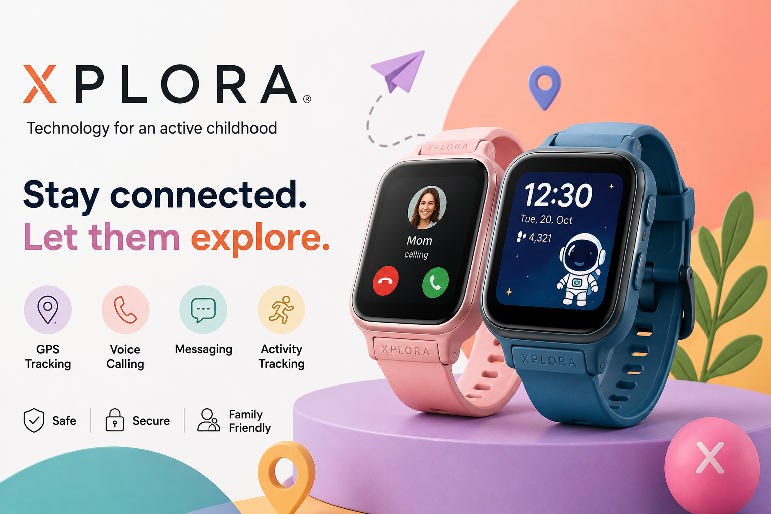 Xplora kids smartwatch collection featuring GPS tracking, secure calling, messaging, parental controls, starter phones, and family safety accessories designed for children.