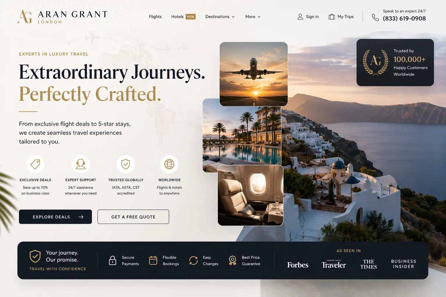 AranGrant premium travel service featuring discounted business class and first class flights, luxury international travel, personalized flight booking, and exclusive airfare deals.