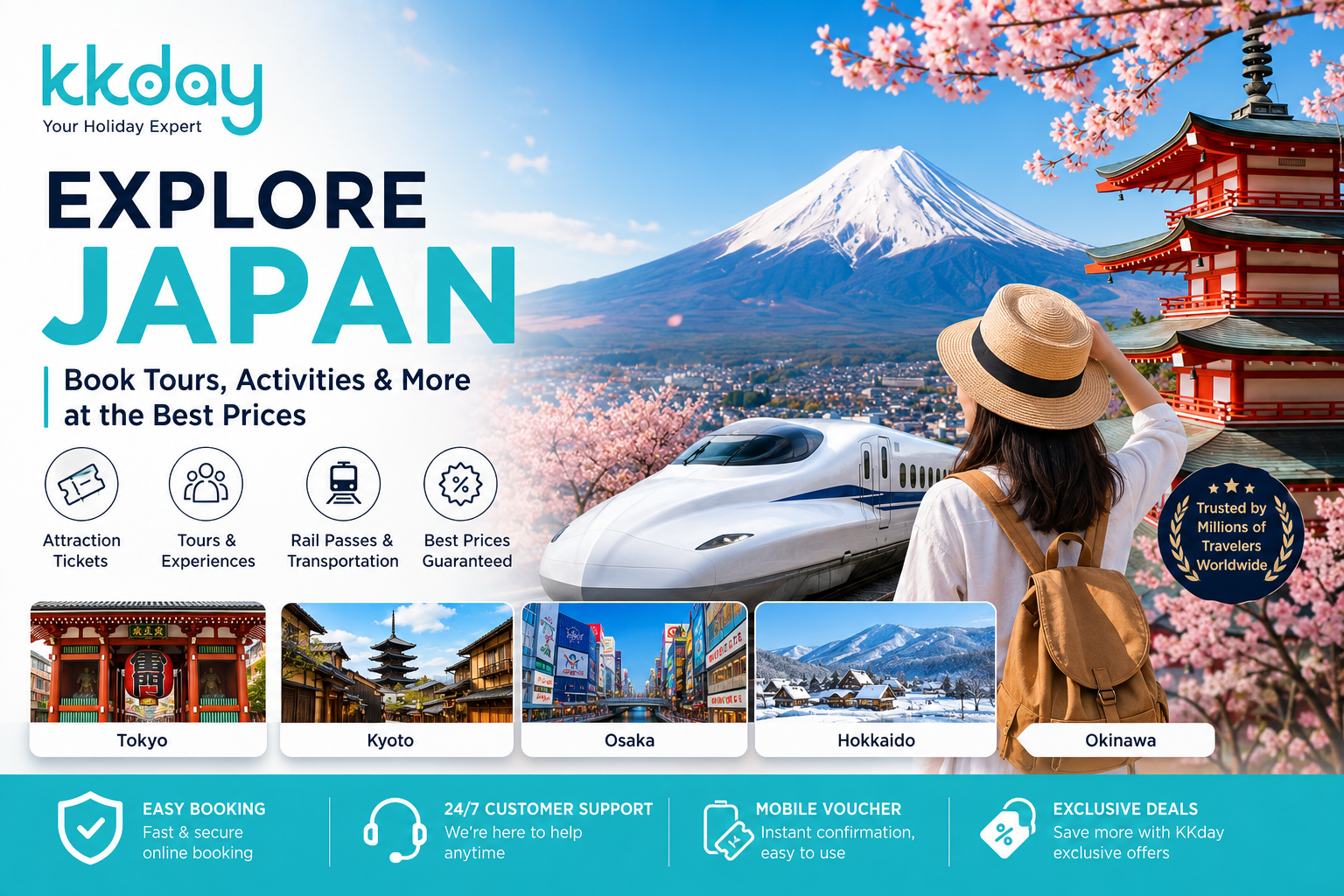KKday Japan travel platform offering tours, attraction tickets, rail passes, airport transfers, and unforgettable sightseeing experiences across Japan