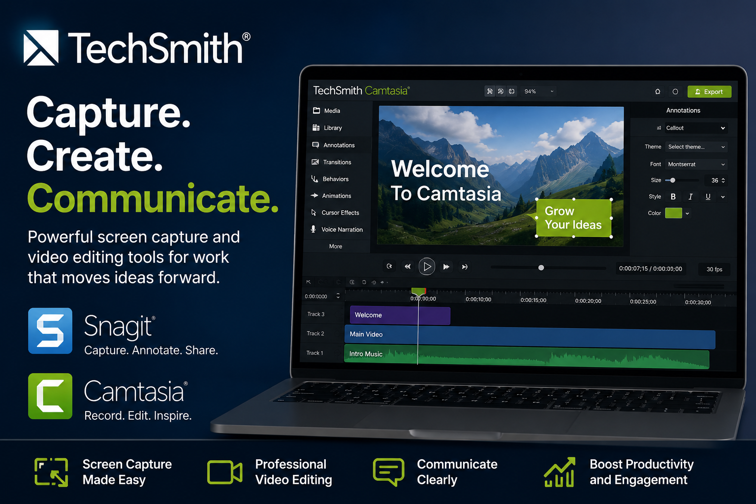 TechSmith Camtasia and Snagit software displayed on a laptop for screen recording, video editing, and screen capture.