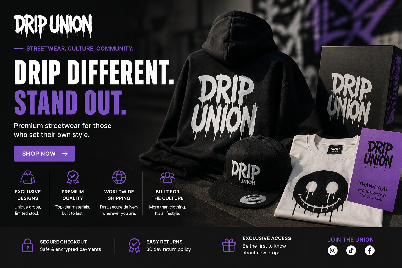 Drip Union streetwear collection featuring trendy hoodies, graphic tees, and fashion accessories designed for a modern urban lifestyle.
