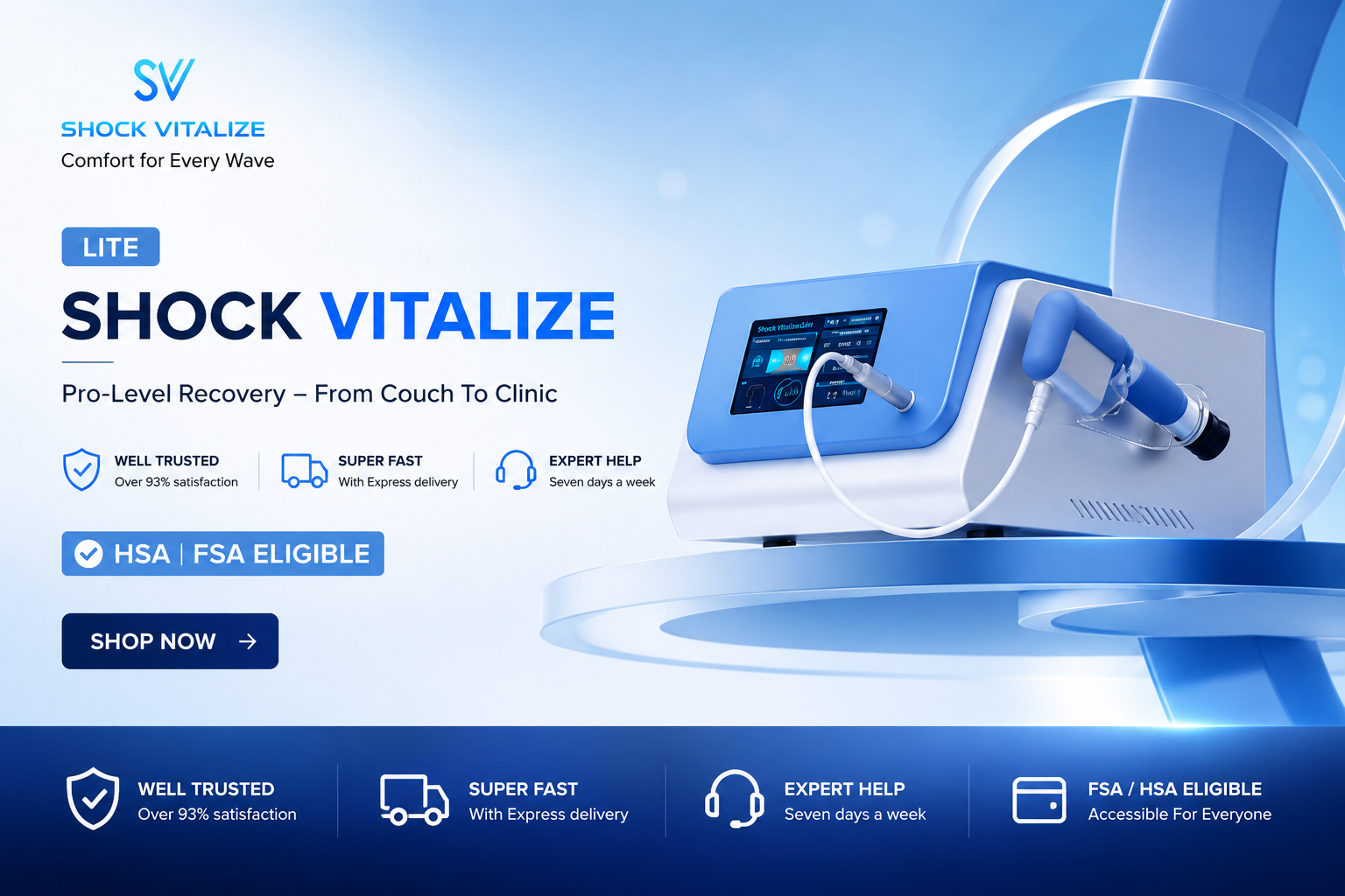 Shock Vitalize shockwave therapy devices for pain relief, muscle recovery, and wellness treatment solutions for home and professional use