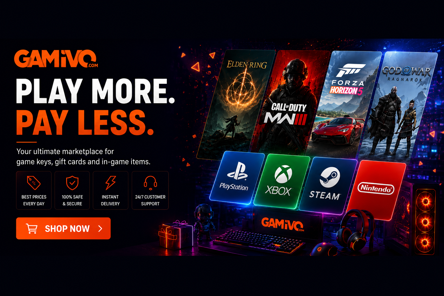 GAMIVO digital marketplace featuring PC game keys, console games, gift cards, software licenses, and digital products from verified sellers.