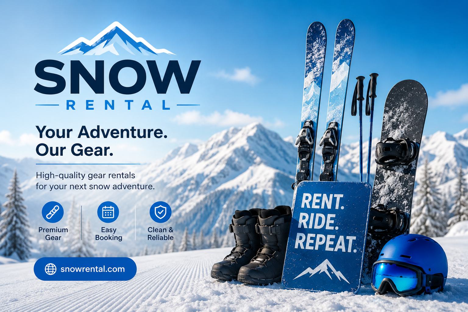SnowRental online ski and snowboard rental platform featuring skis, snowboards, boots, helmets, and winter sports equipment available for booking across top ski resorts in Europe.