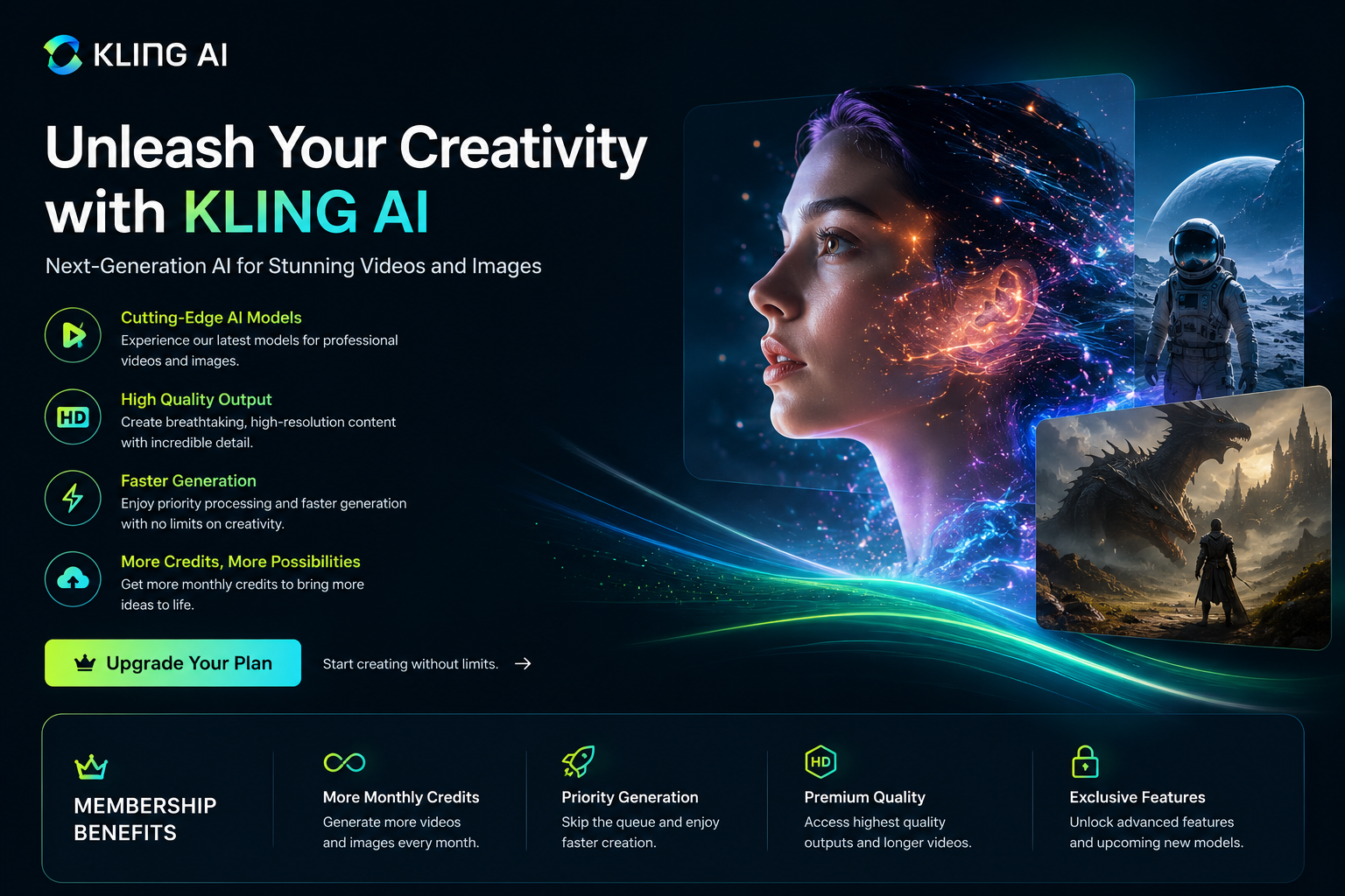 Kling AI creative platform featuring AI video generation, AI image creation, text-to-video tools, image-to-video animation, and advanced content creation features.