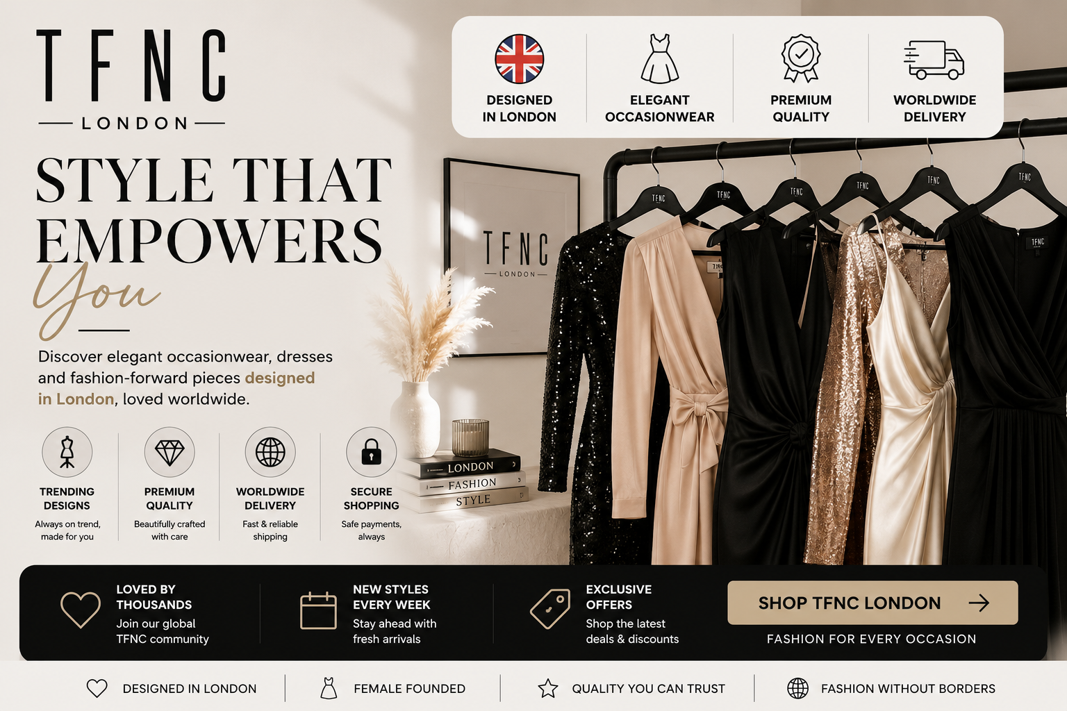 TFNC London women's fashion collection featuring elegant occasion dresses, bridesmaid dresses, evening gowns, party dresses, jumpsuits, and stylish outfits for weddings, proms, and special occasions.