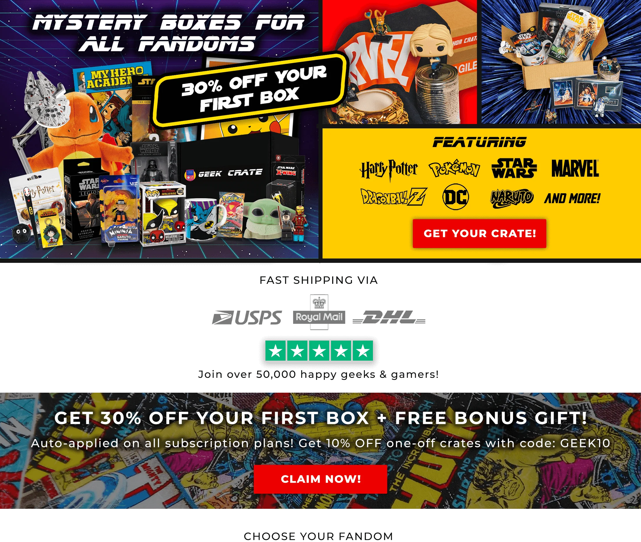 Geek Crate mystery subscription boxes featuring officially licensed gaming merchandise, anime collectibles, pop culture gifts, action figures, and fandom-themed collectibles.