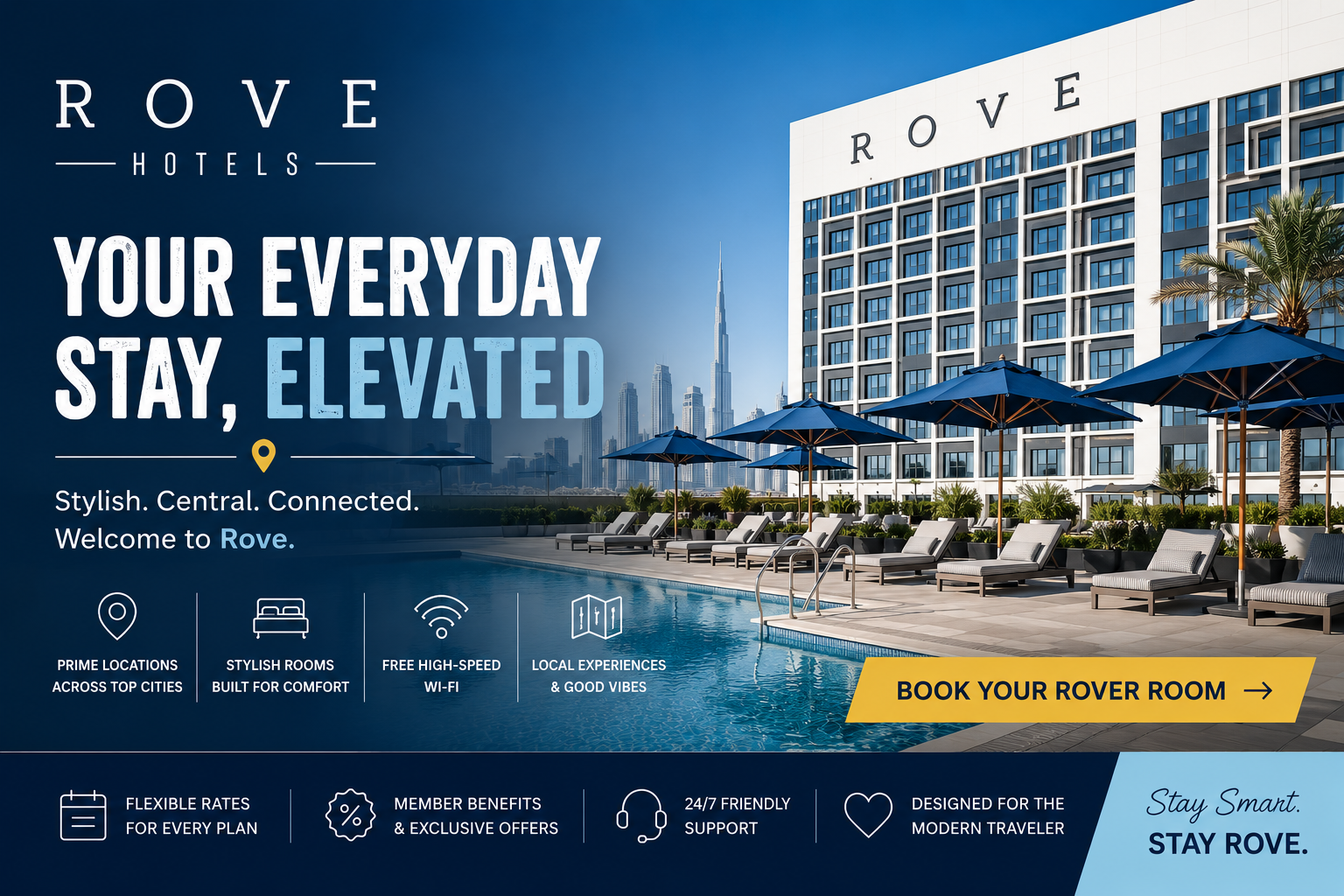 **Alt Text:** Modern Rove Hotels property featuring stylish contemporary rooms, vibrant communal spaces, and convenient amenities for travelers exploring Dubai and the UAE.