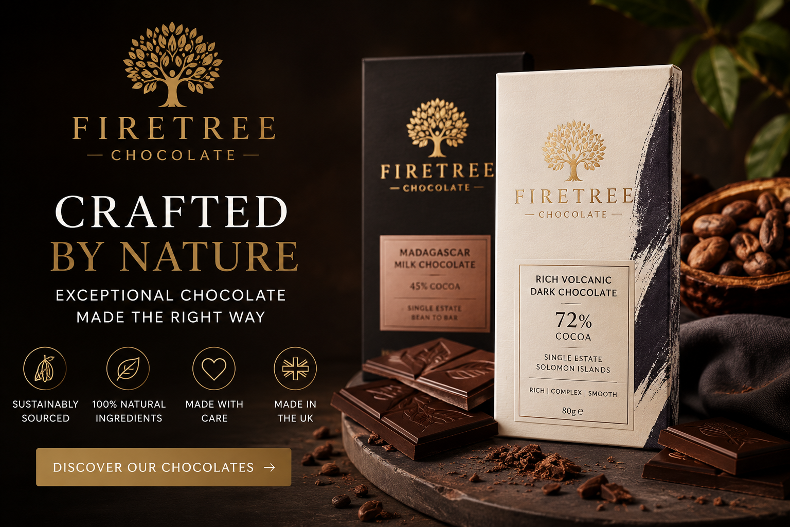 Firetree Chocolate collection featuring award-winning bean-to-bar dark chocolate, milk chocolate, luxury gift boxes, gourmet hampers, and artisan chocolate crafted from rare volcanic cocoa beans.