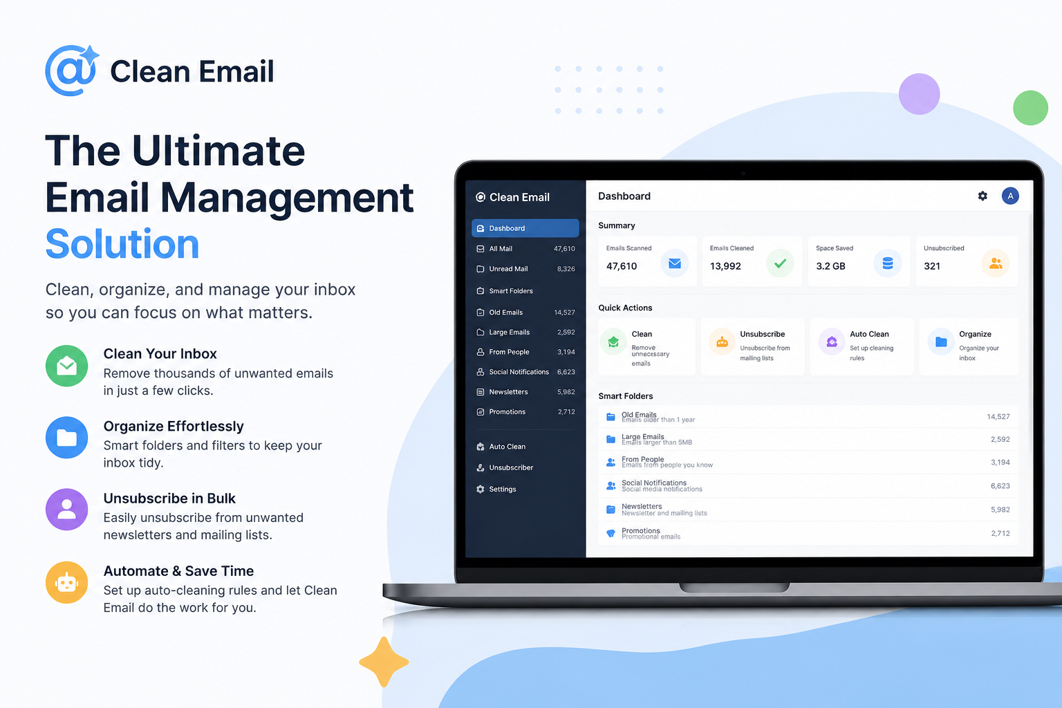 Clean Email inbox management software with smart folders, bulk email cleanup, unsubscribe tools, and automated organization for a clutter-free inbox.