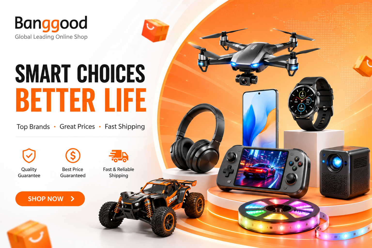 Banggood online marketplace featuring electronics, smartphones, drones, smart home devices, tools, fashion, toys, home essentials, automotive accessories, and outdoor products at competitive prices.