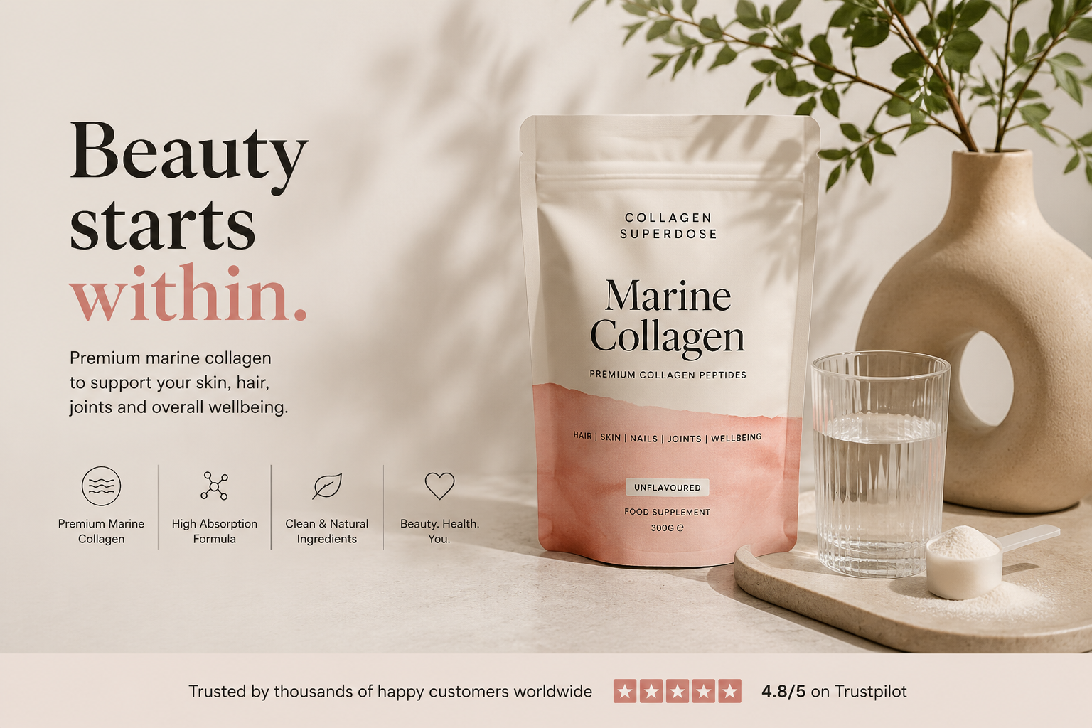 Collagen Superdose liquid collagen supplements featuring formulas for healthy skin, stronger hair, joint support, and everyday wellness.