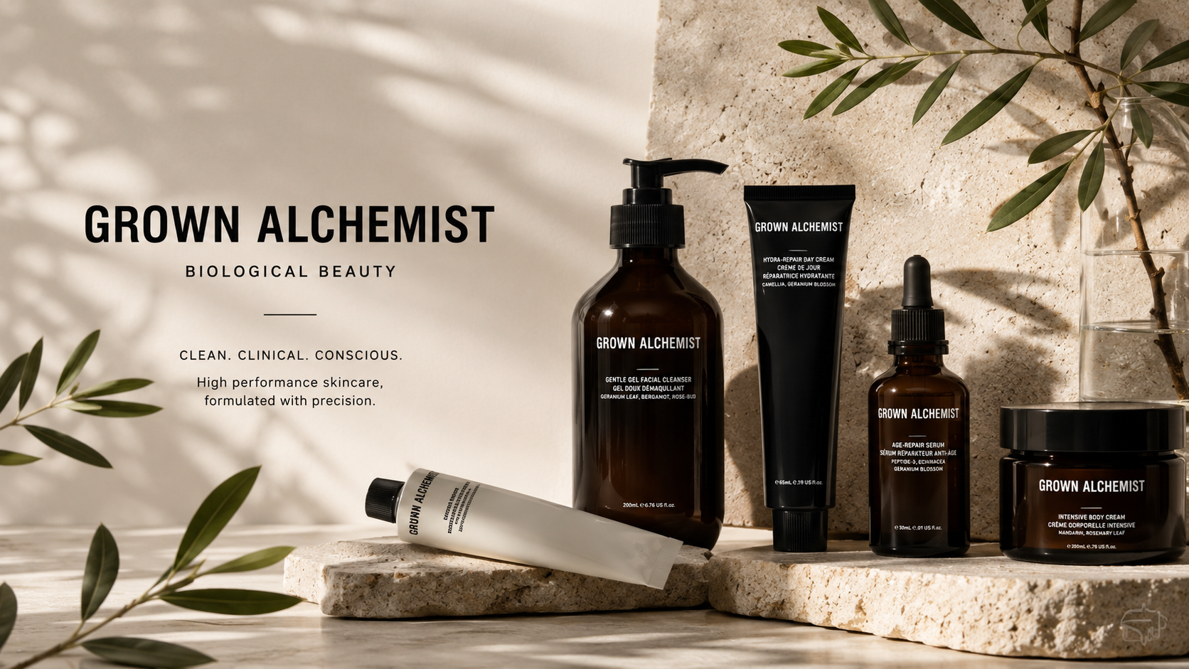Grown Alchemist premium skincare collection featuring facial cleansers, moisturizers, serums, body care, hair care, botanical beauty products, and science-backed clean skincare solutions.