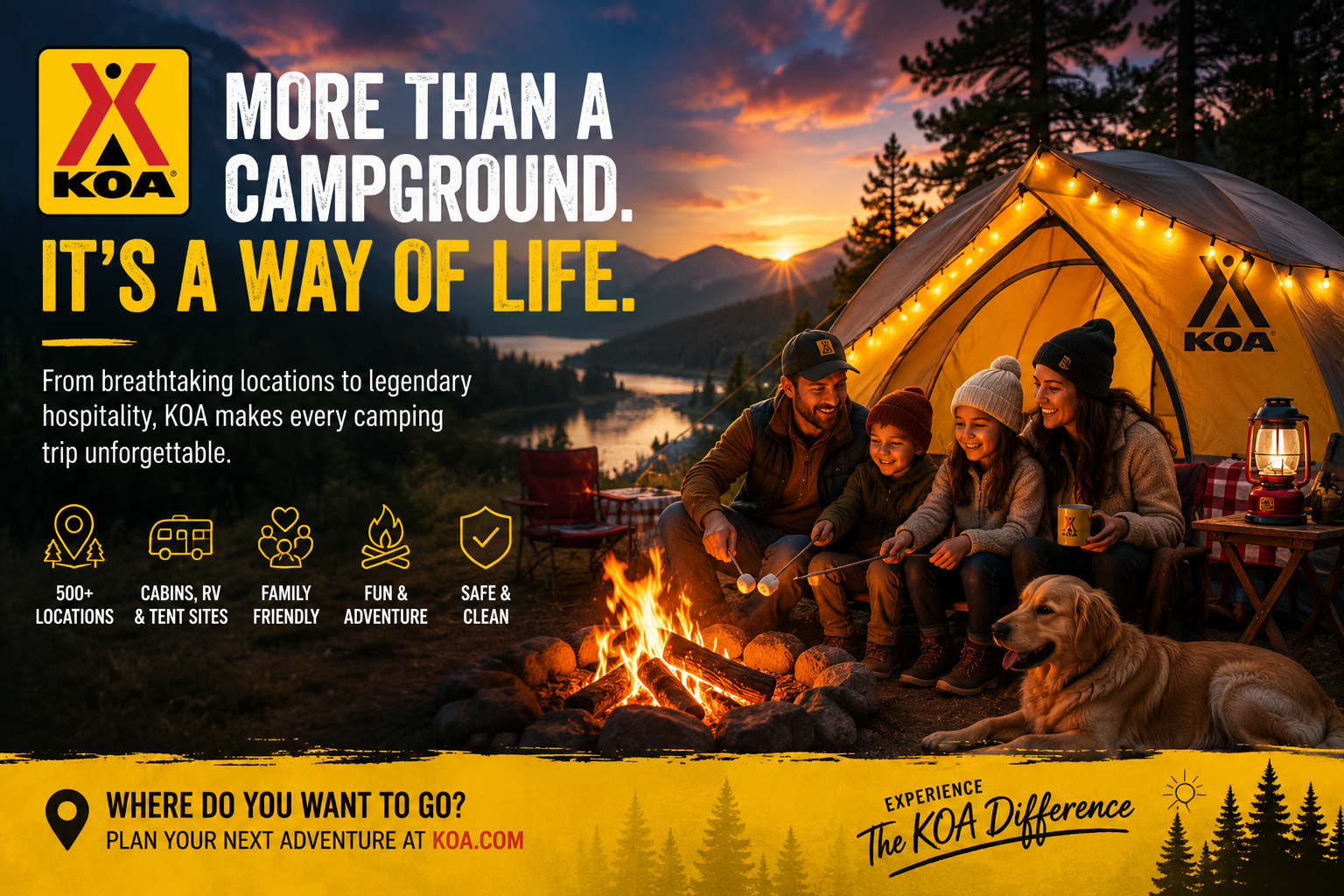 KOA campground featuring RV sites, tent camping, cozy cabins, and outdoor camping facilities for family vacations and road trips.