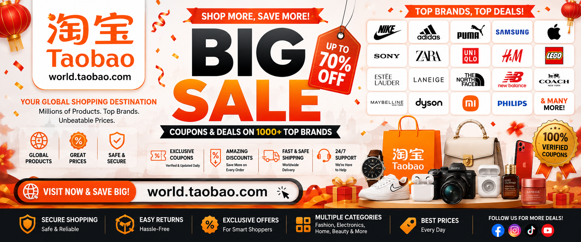 A promotional e-commerce web banner for Taobao World featuring the company logo and clean vector illustrations of shoppers carrying bags. The banner showcases various product categories including Fashion, Consumer Electronics, Toys, and Home Decor. The ce