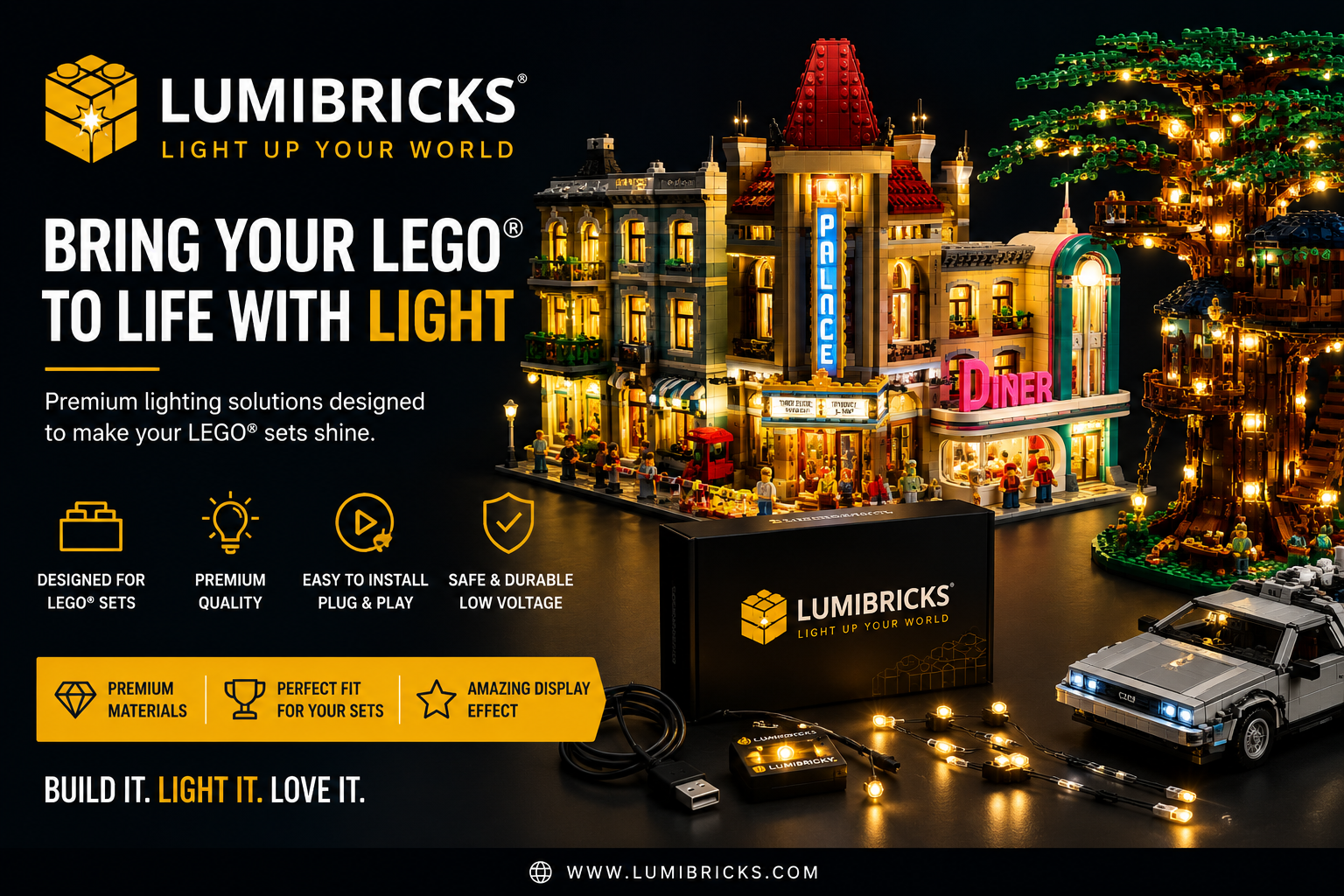 LUMIBRICKS premium LED building block set with integrated lighting, creating a detailed collectible display model.