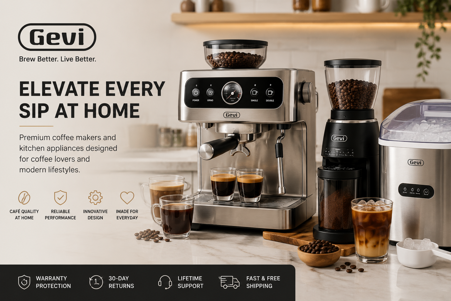 Gevi premium espresso machine and coffee maker designed to deliver café-quality coffee with modern style and reliable performance