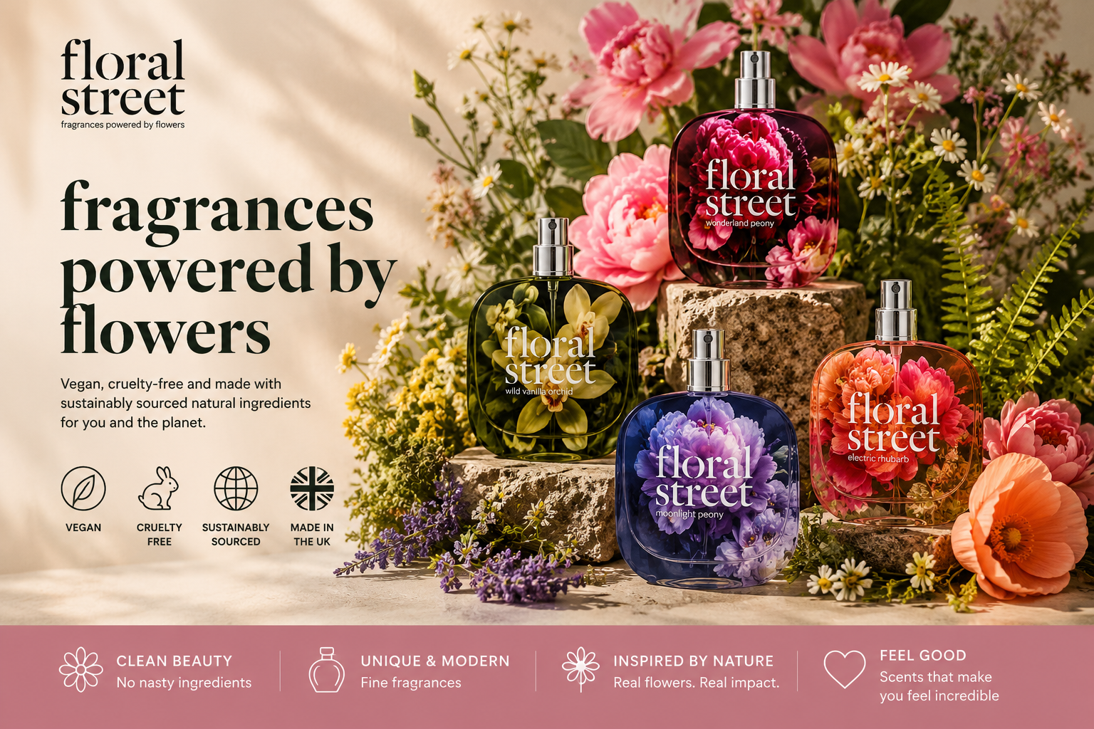 Floral Street luxury vegan perfumes featuring fragrance discovery sets, perfume bottles, and sustainable home fragrance collections.