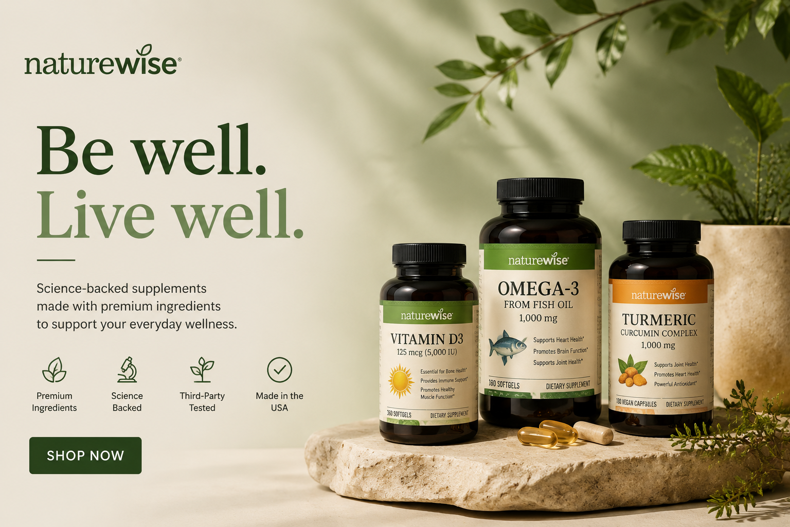 NatureWise vitamins and dietary supplements displayed alongside wellness essentials for healthy living.